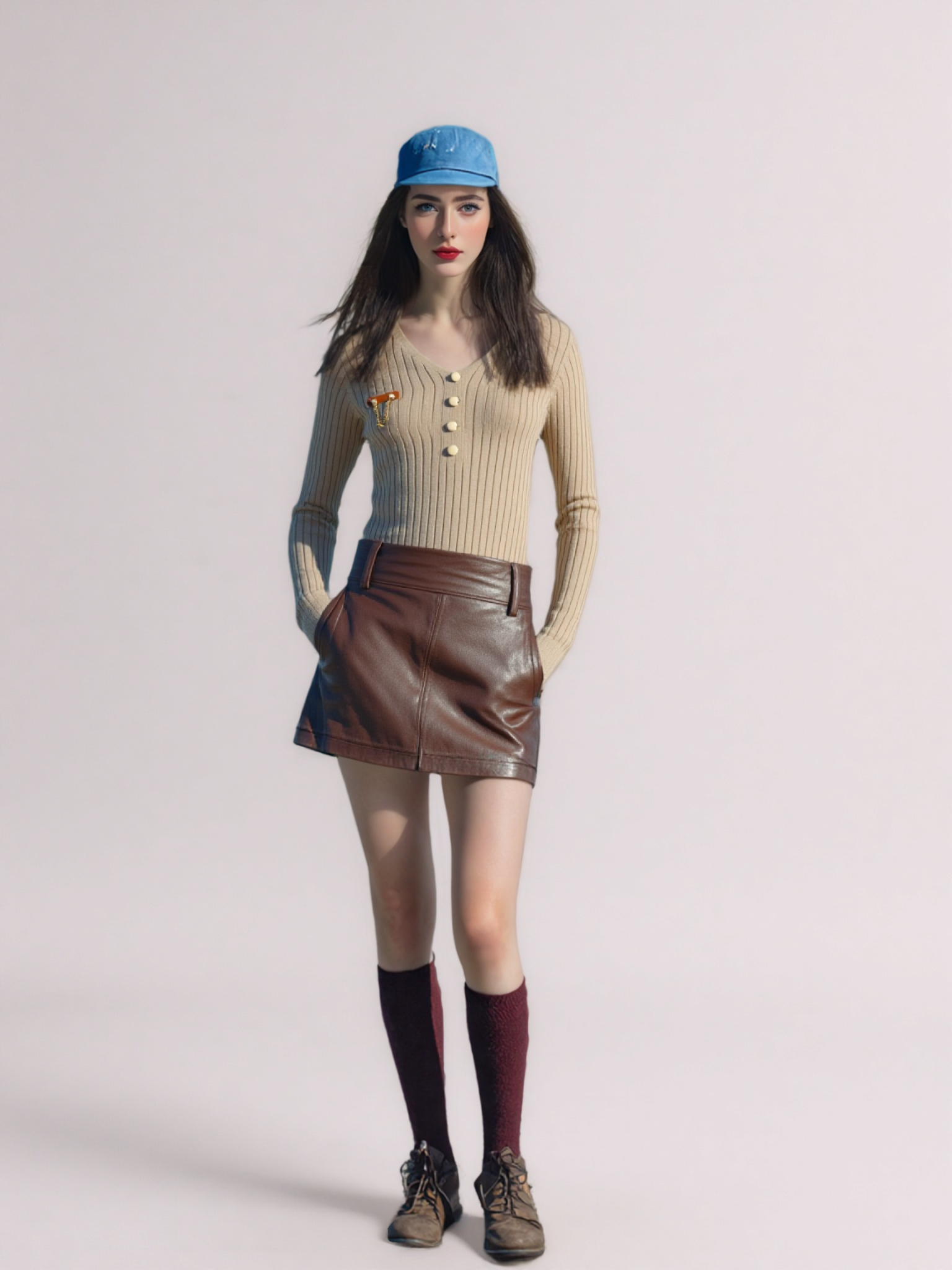 Beige Ribbed Knit Sweater