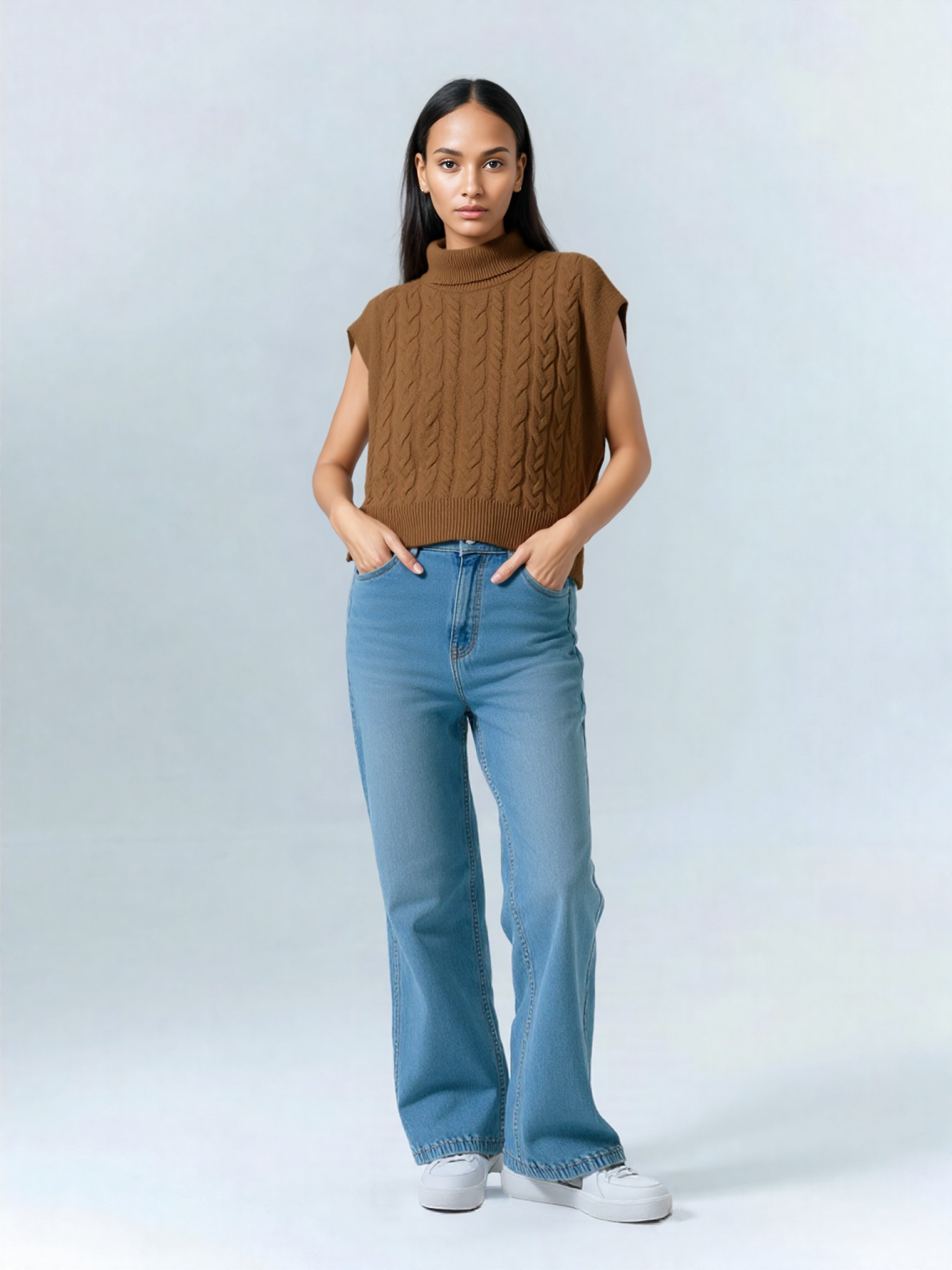 Brown Cable Knit Sleeveless Turtleneck Sweater