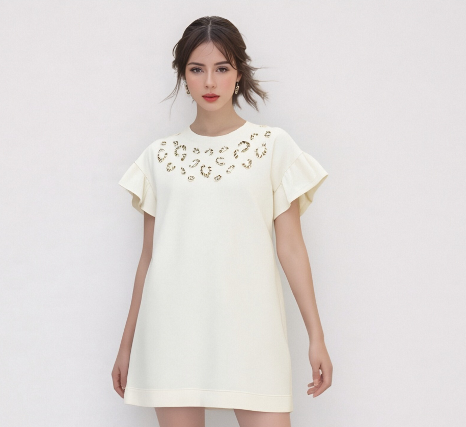Embroidered Ruffle Sleeve Dress