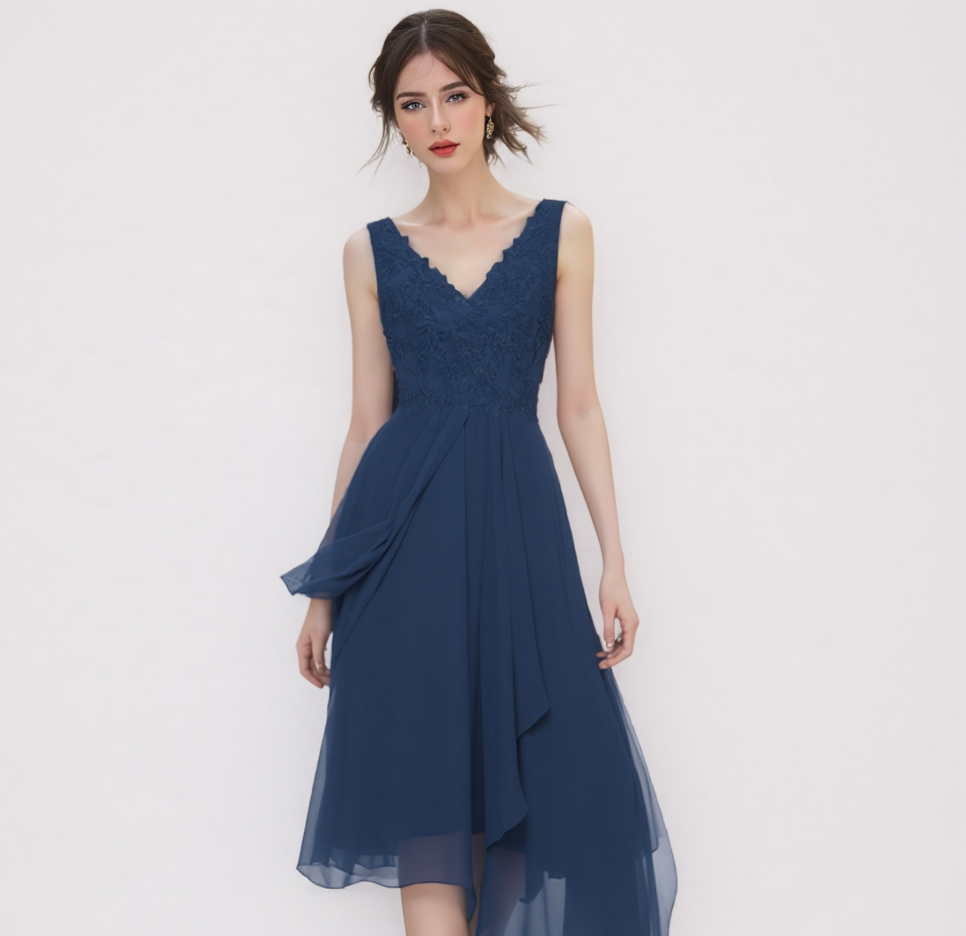 Elegant Navy Blue Lace Midi Dress