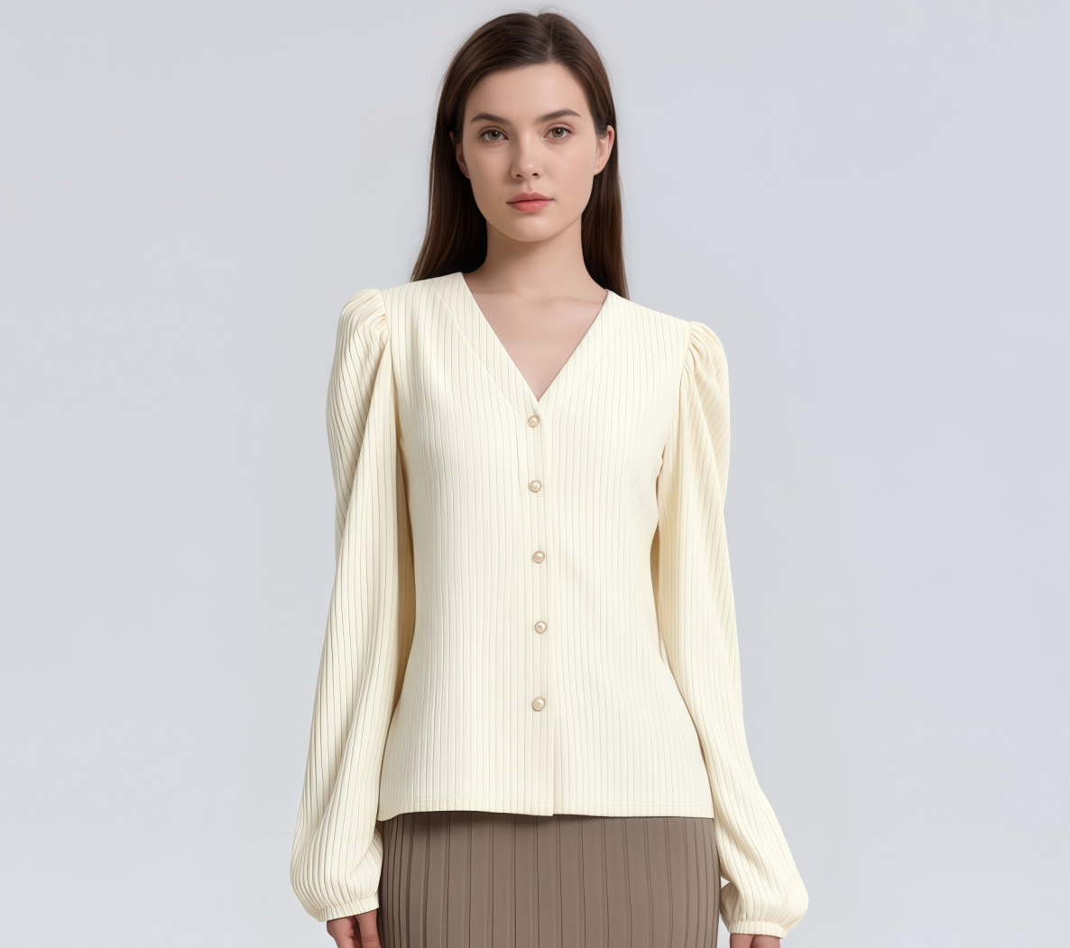 Cream V-Neck Button-Up Blouse