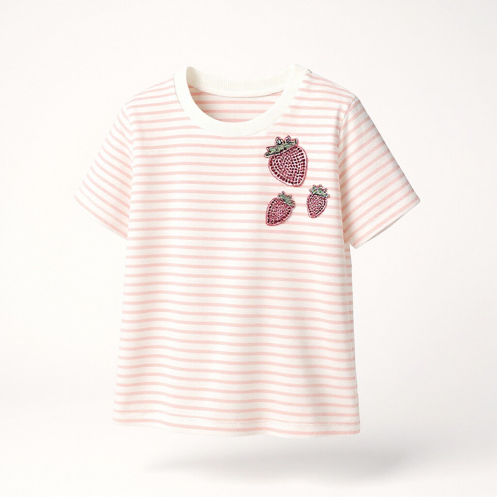 Pink Striped Kids T-Shirt with Strawberry Patches