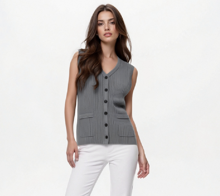 Sleeveless Ribbed Grey Knit Cardigan