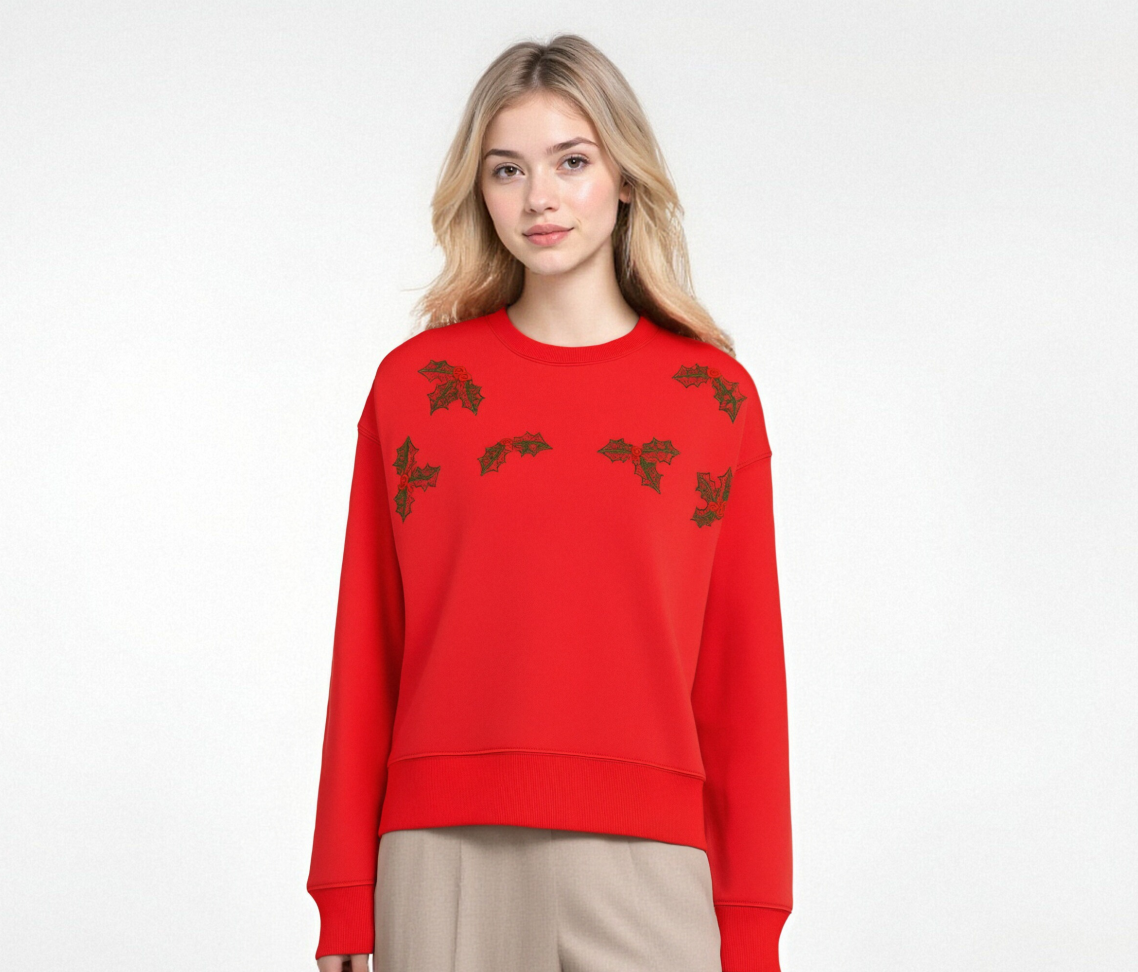 Red Sweatshirt with Leaf Embroidery