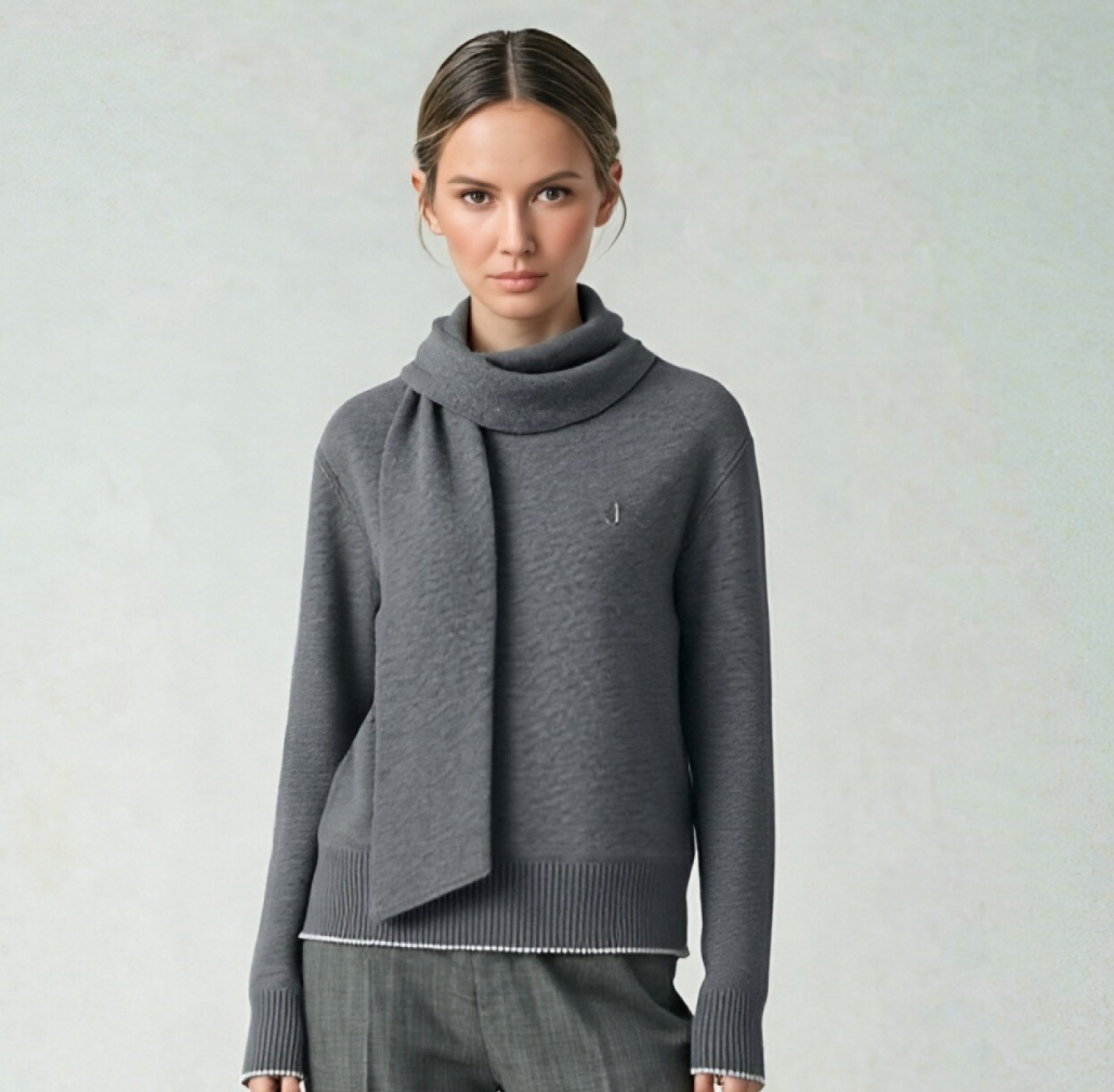 Gray Knit Sweater with Scarf