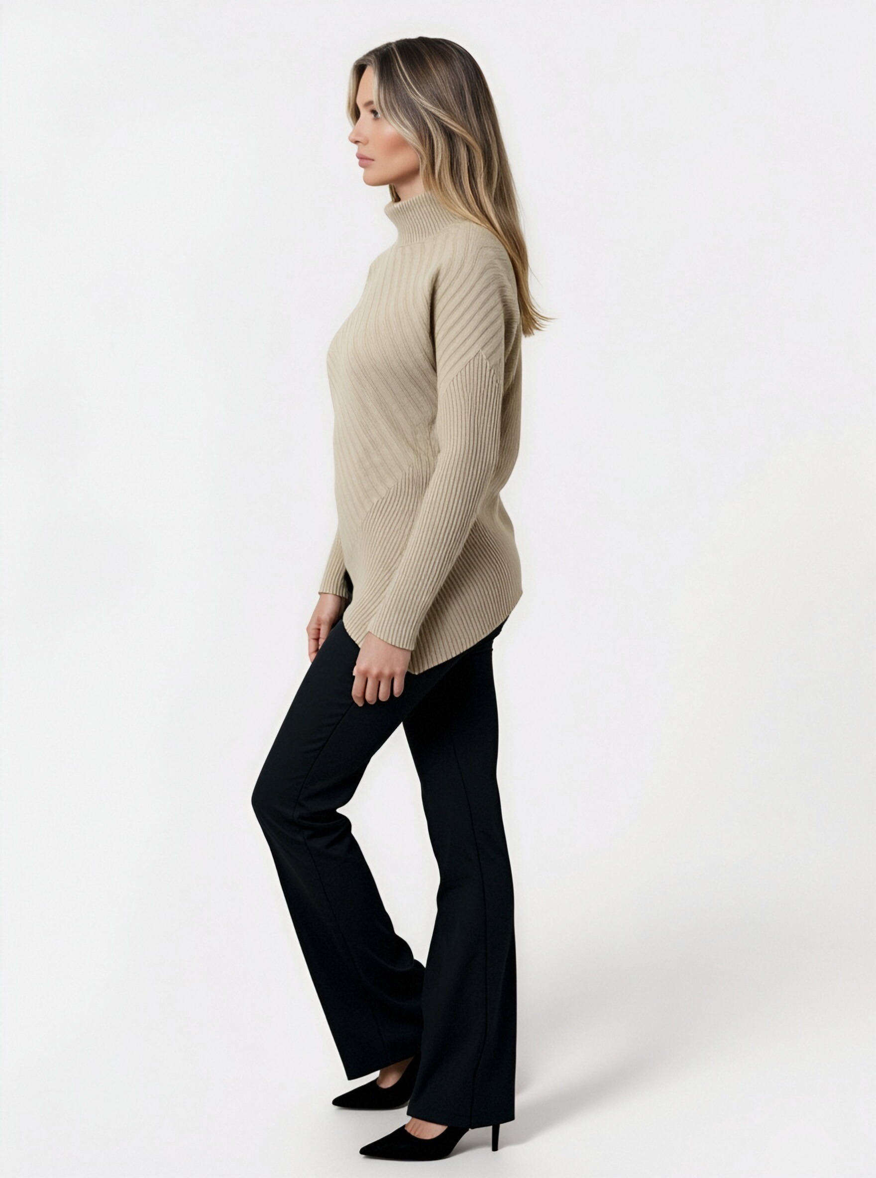 Beige Turtleneck Knit Sweater