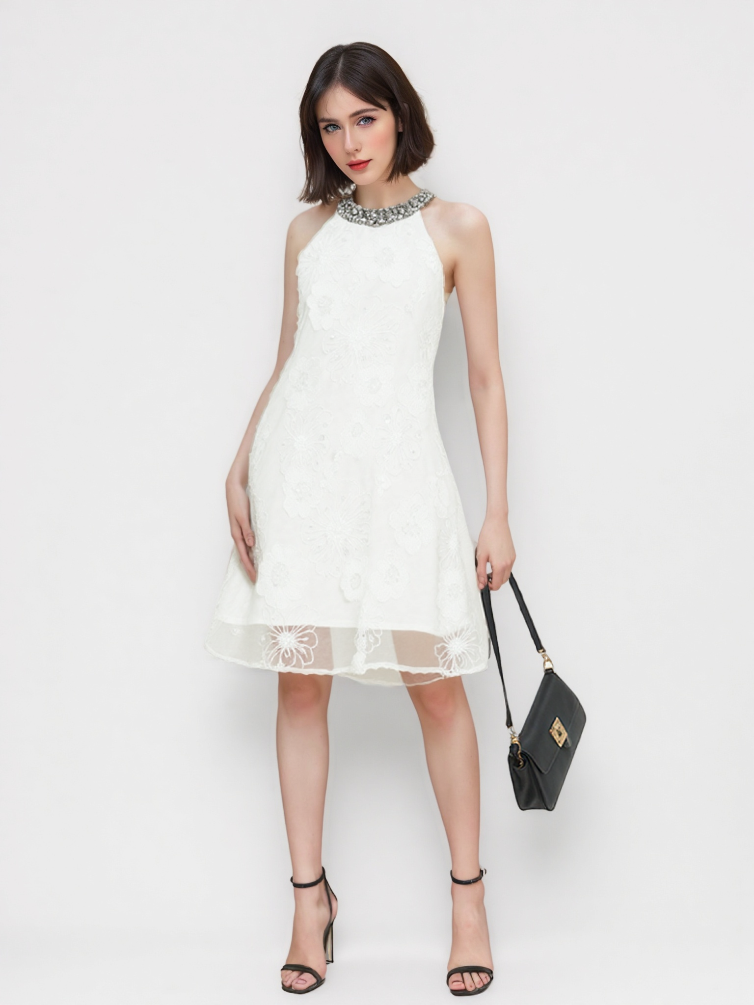 Embellished White Floral Dress