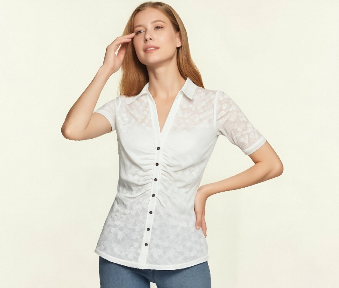 White Ruched Button-Up Blouse