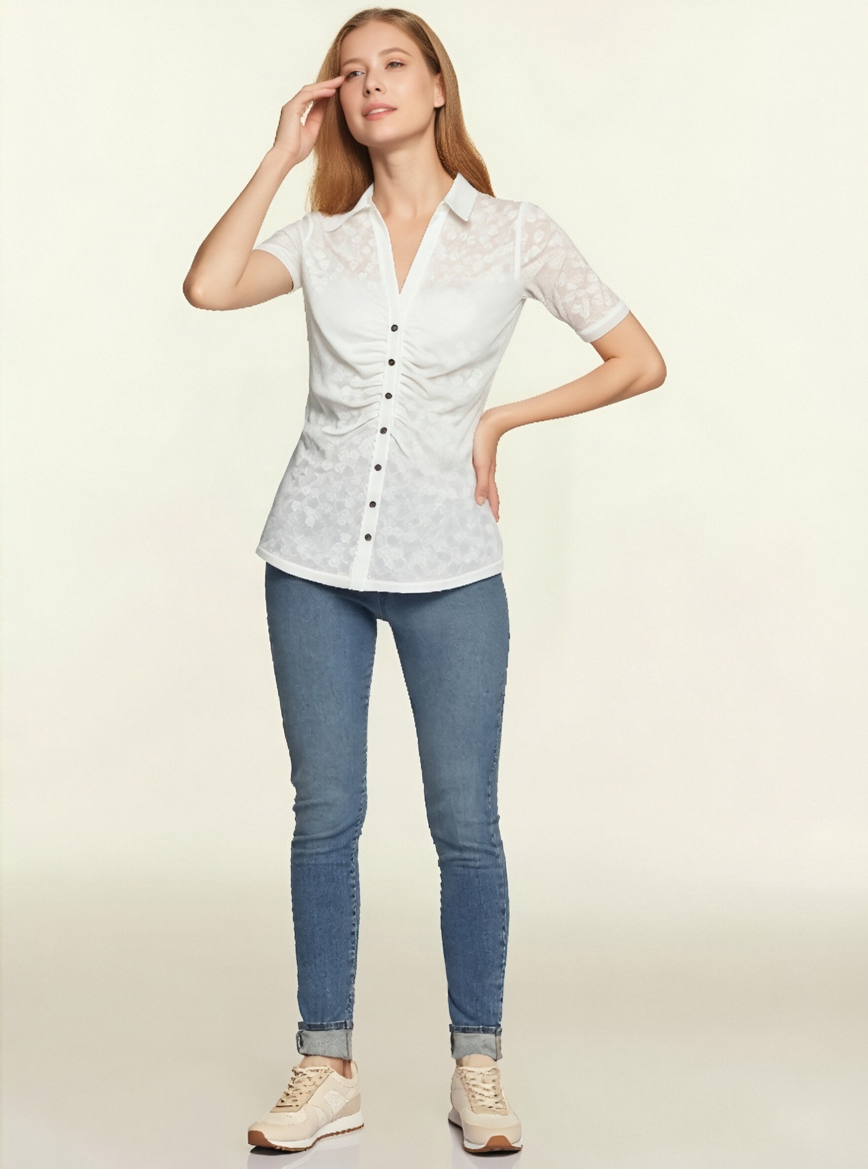 White Ruched Button-Up Blouse