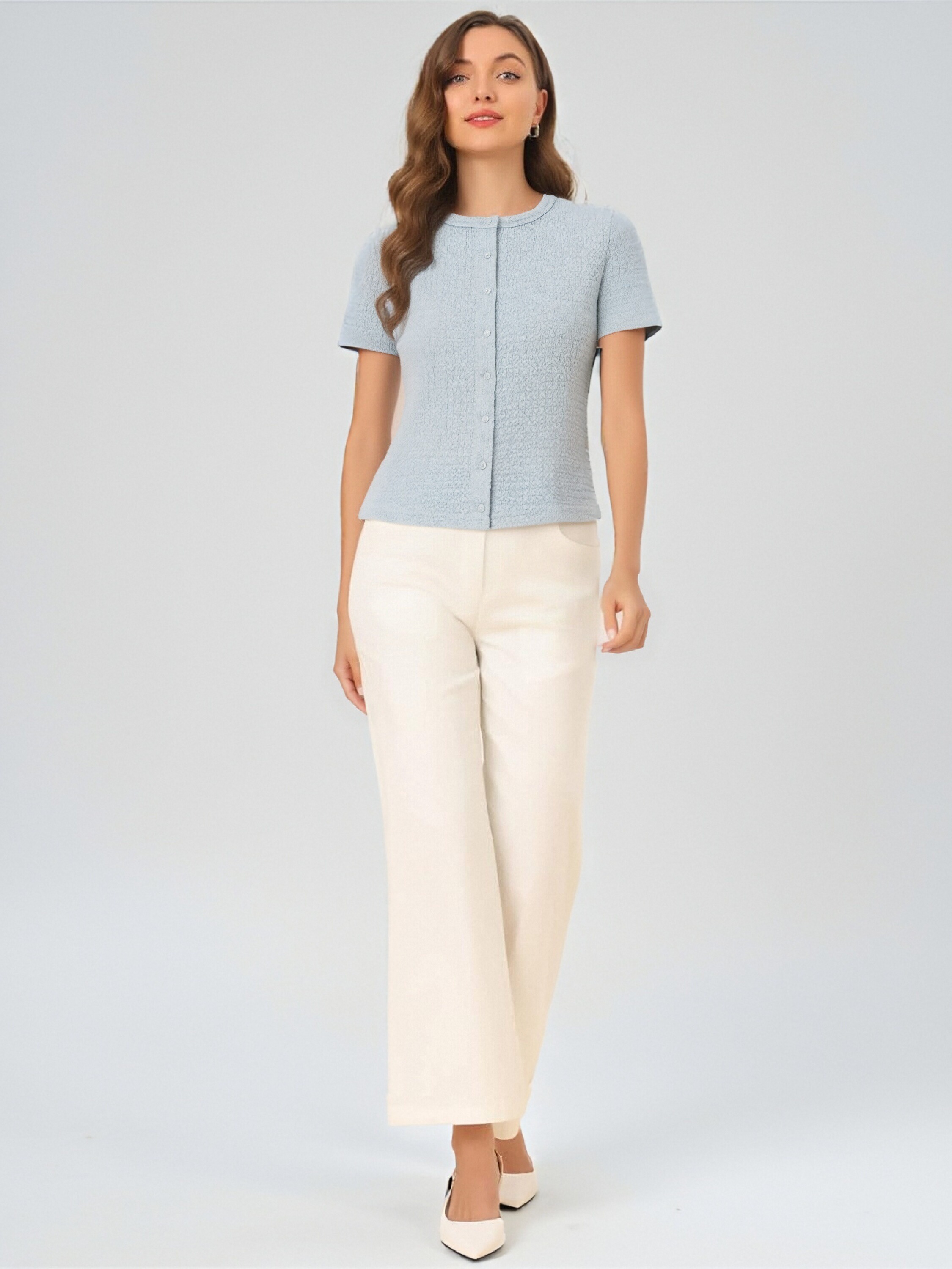 Light Blue Short Sleeve Textured Blouse