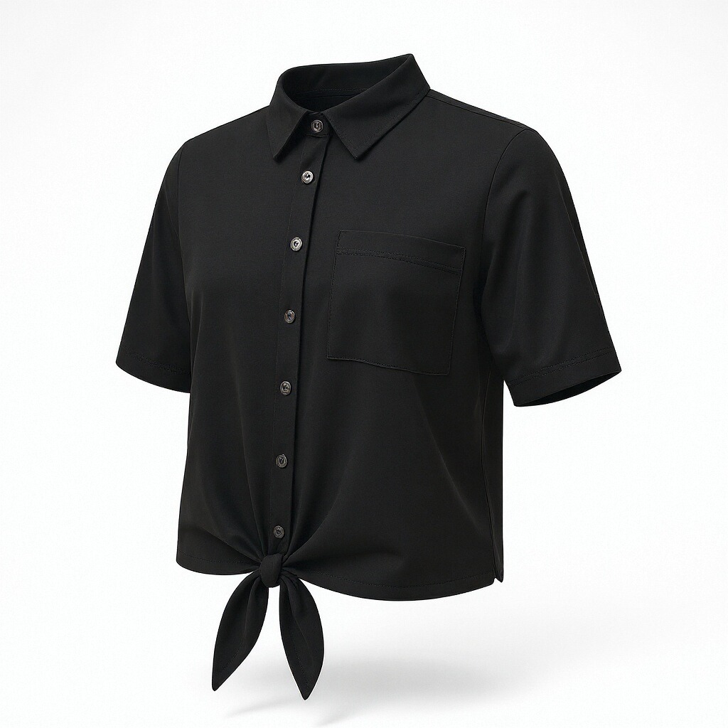 Black Tie-Front Short Sleeve blouse