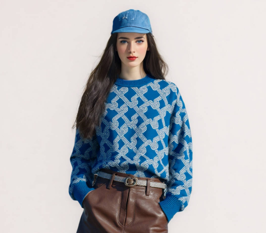 Blue Patterned Knit Sweater