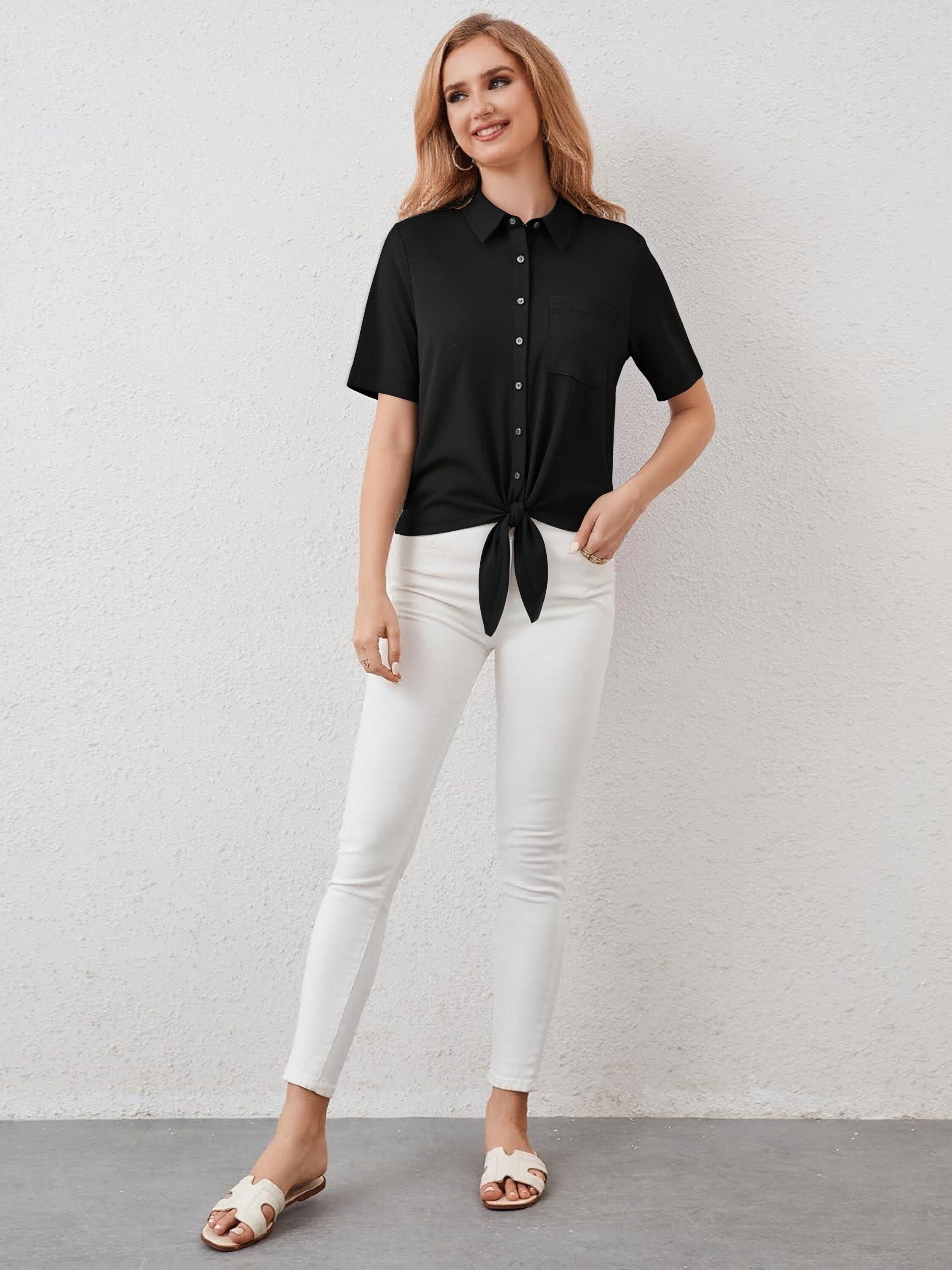 Black Tie-Front Short Sleeve blouse