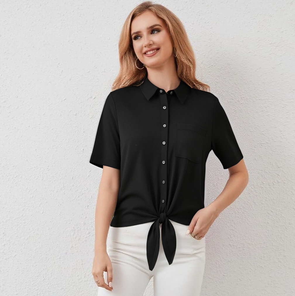 Black Tie-Front Short Sleeve blouse