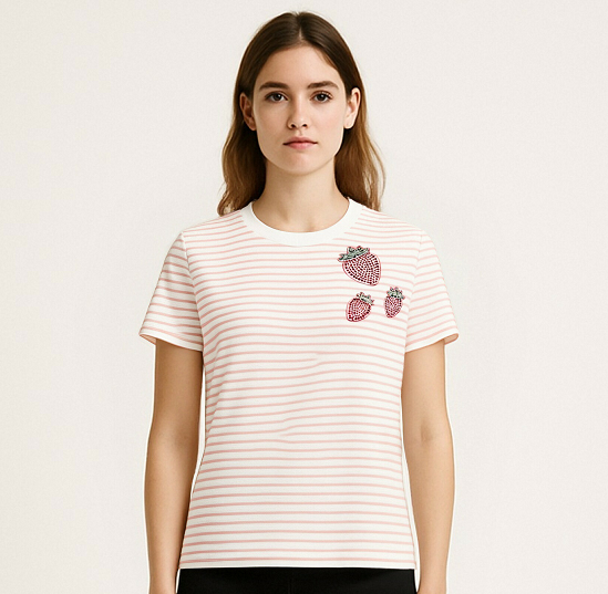 Pink Striped Kids T-Shirt with Strawberry Patches
