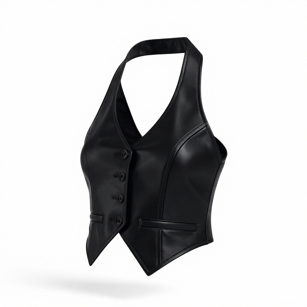 Black Faux Leather Halter Vest
