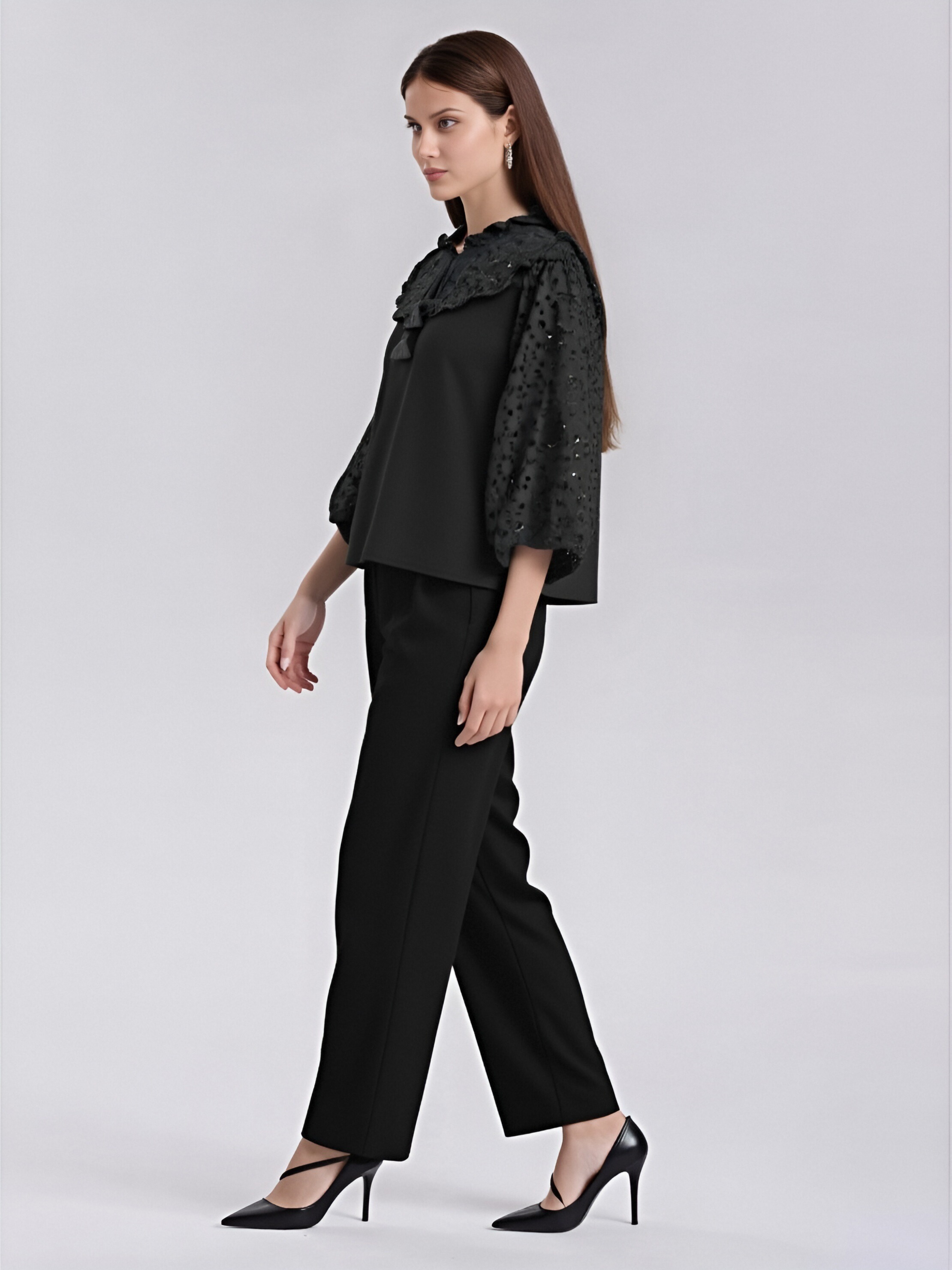 Black Lace Puff Sleeve Blouse