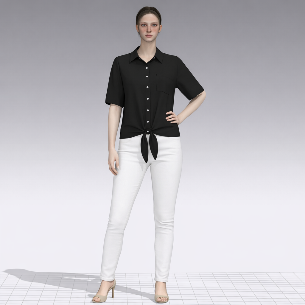 Black Tie-Front Short Sleeve blouse