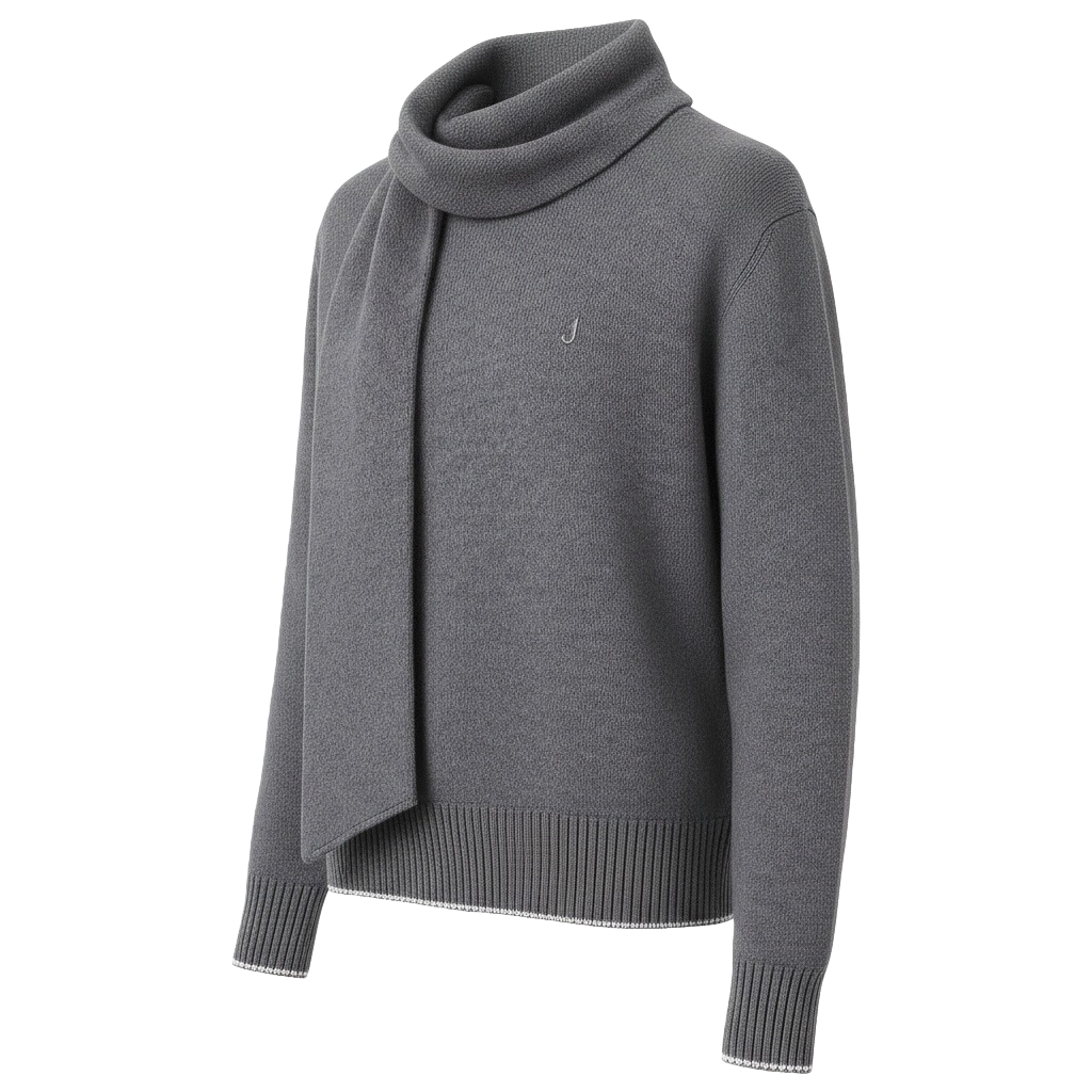 Gray Knit Sweater with Scarf