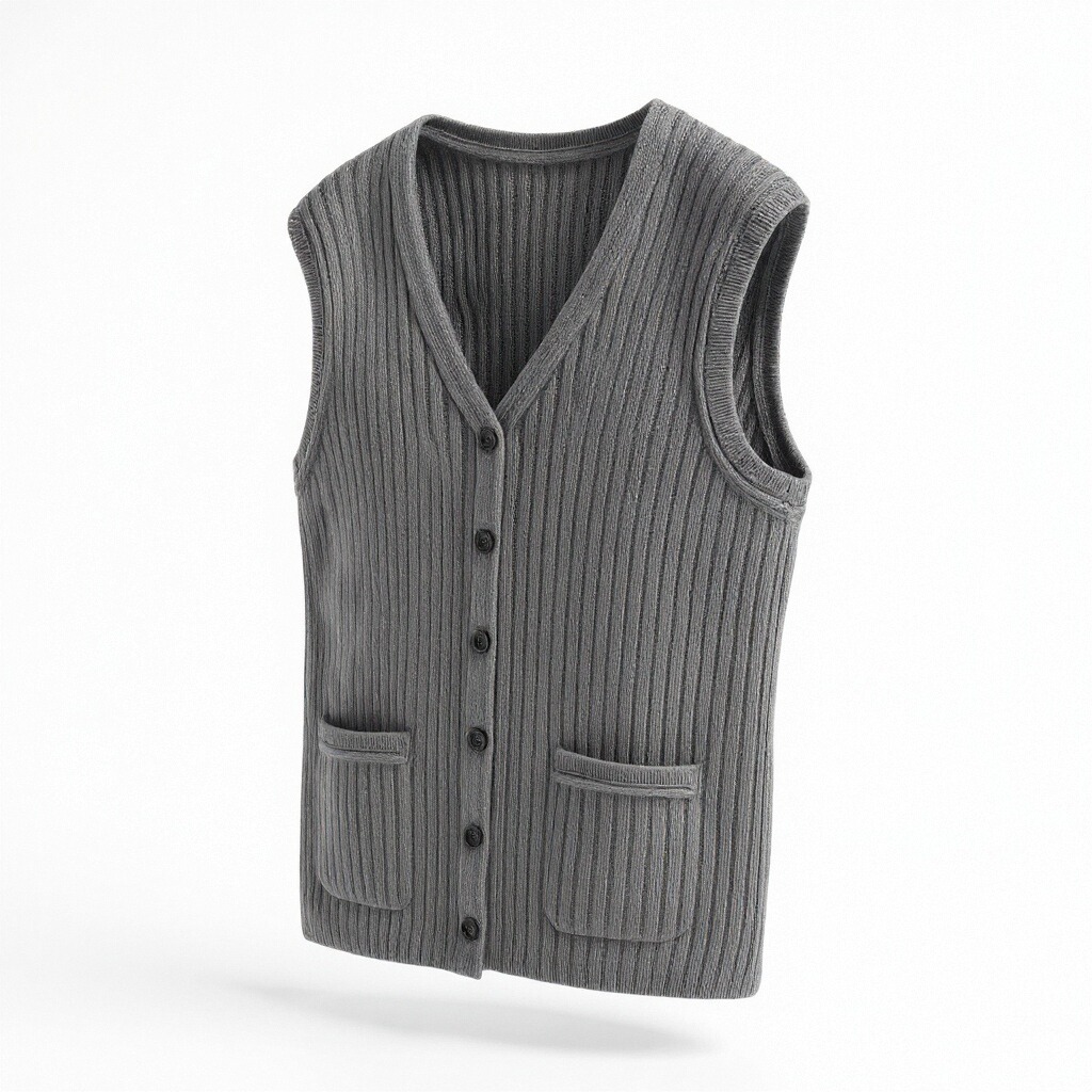 Sleeveless Ribbed Grey Knit Cardigan