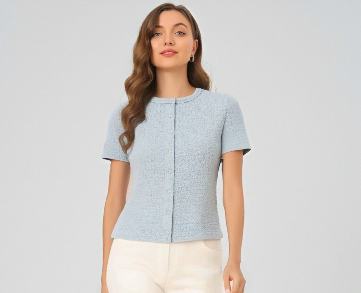 Light Blue Short Sleeve Textured Blouse