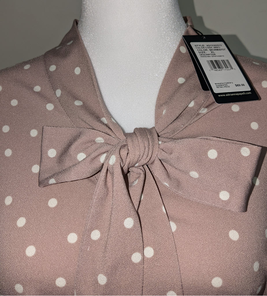 Adrianna Papell Women's Bow Tie Polka Dot Blouse Taupe XL