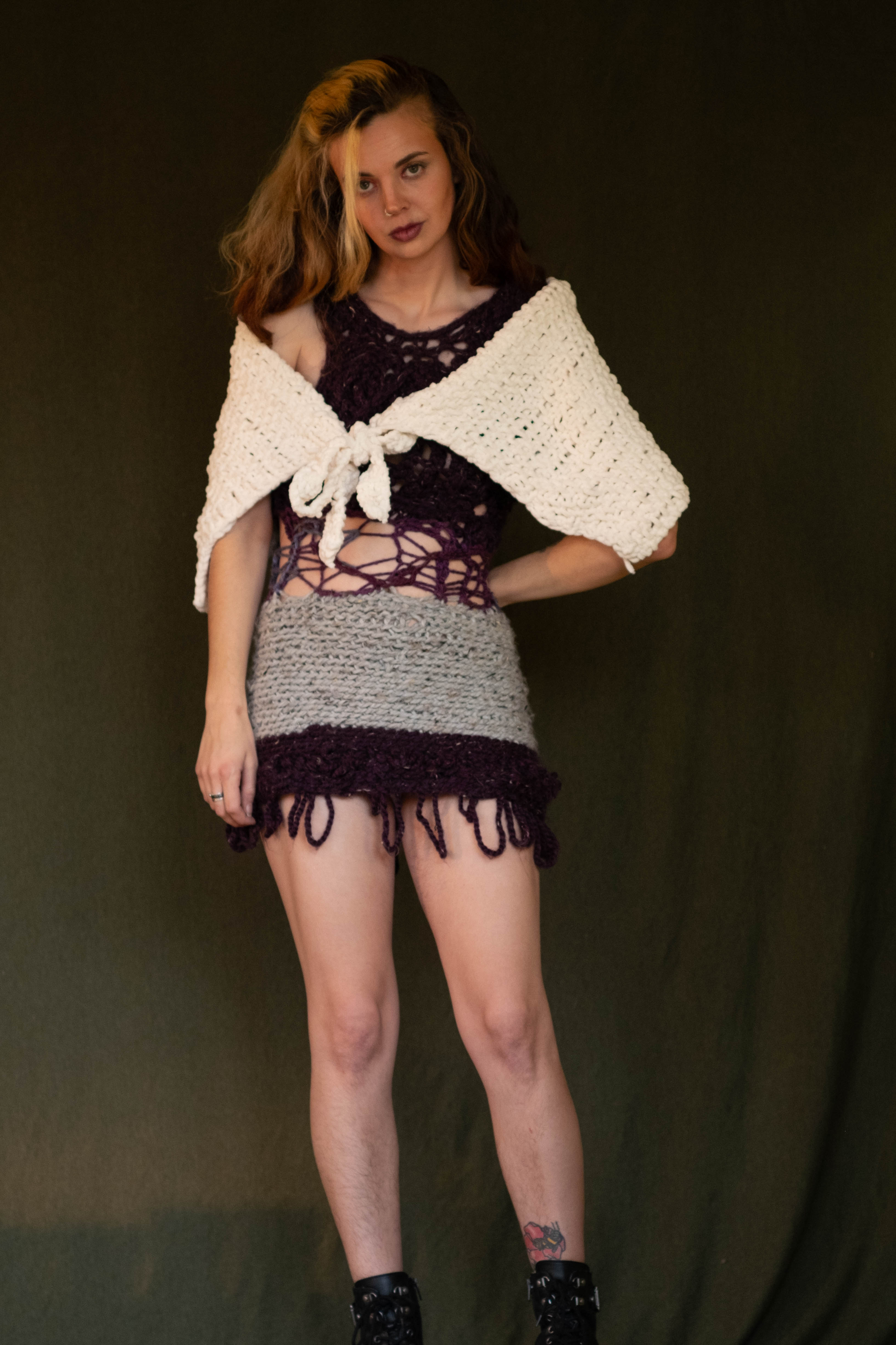 Fuzzy Handknit Cream Shawl