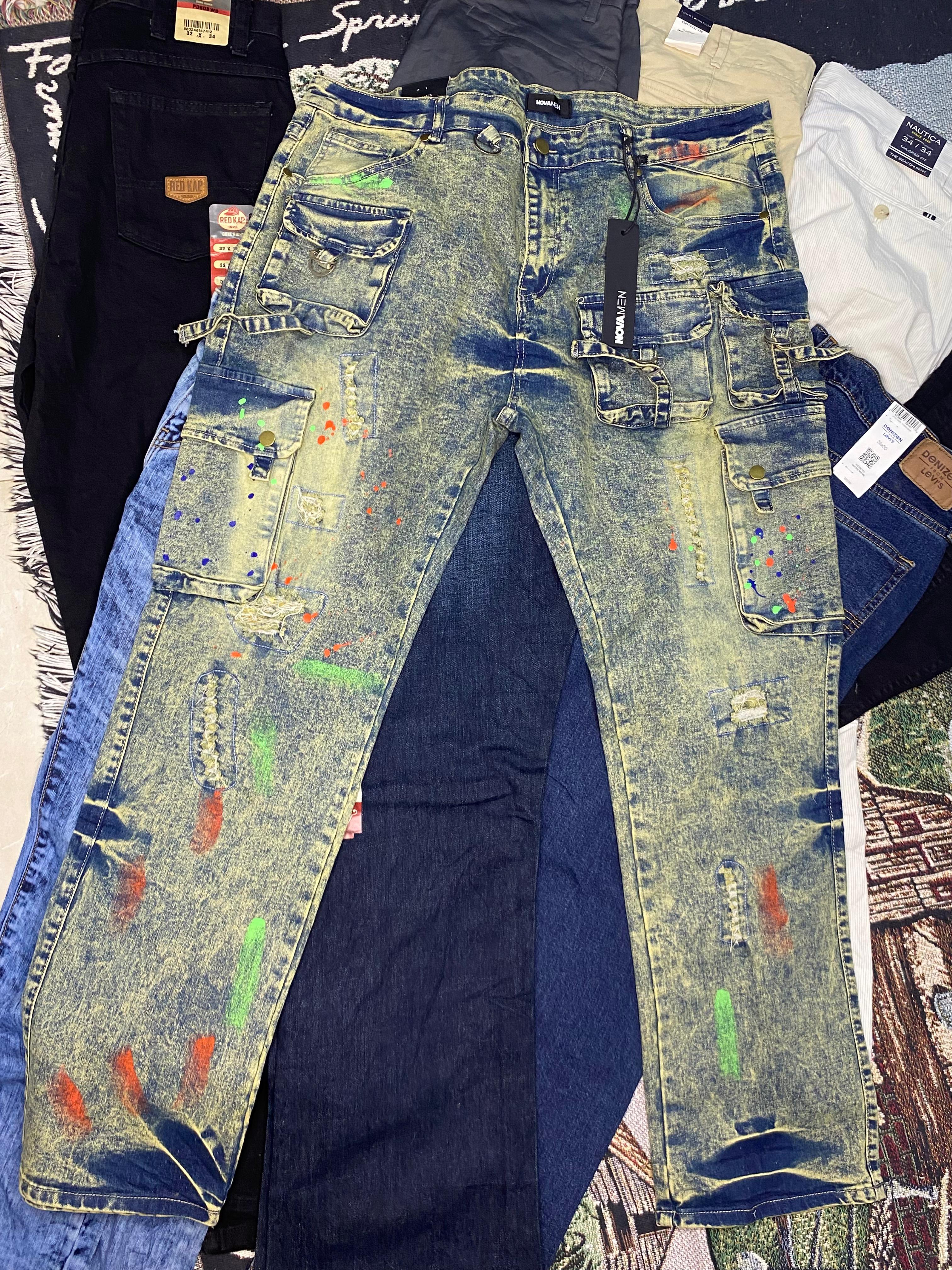 Distressed Paint-Splatter Cargo Jeans