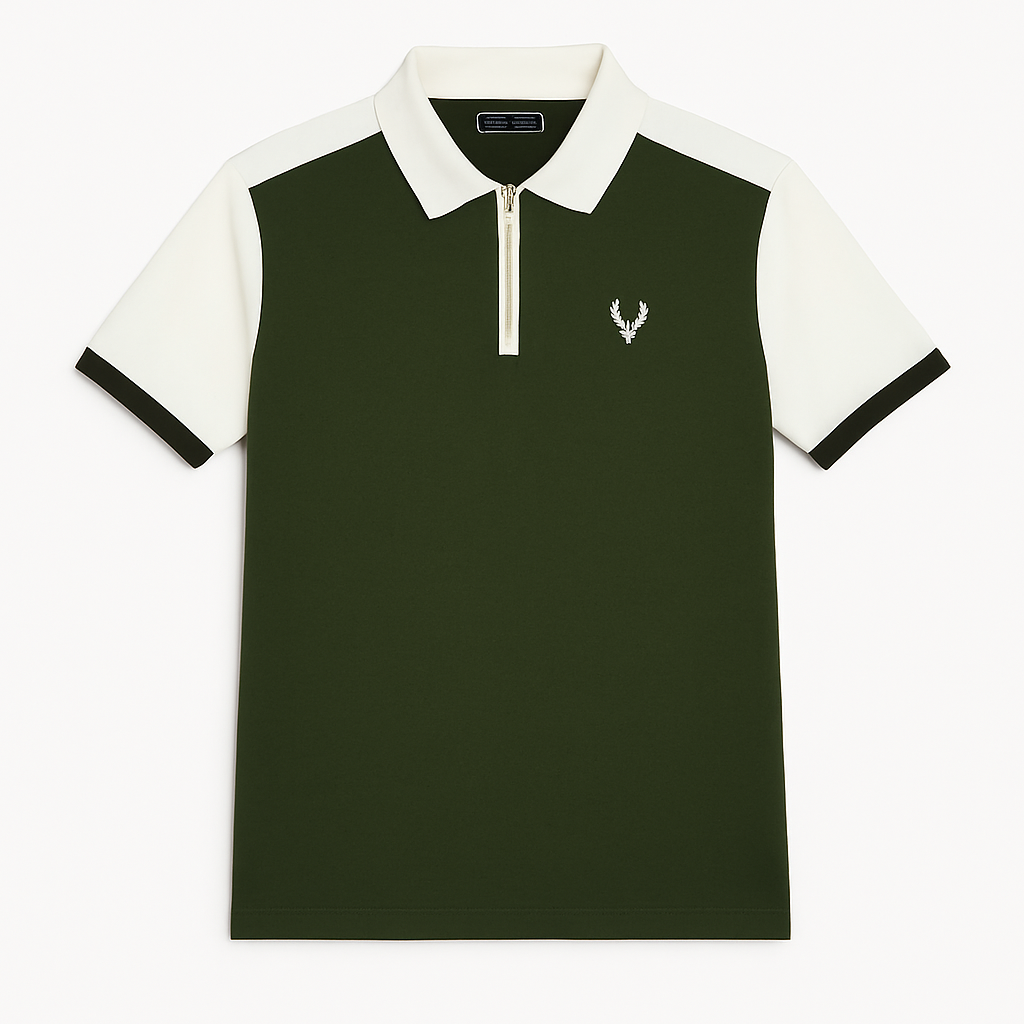 Men’s Colorblock Polo T-Shirt – Olive Green & White with Zip Collar"