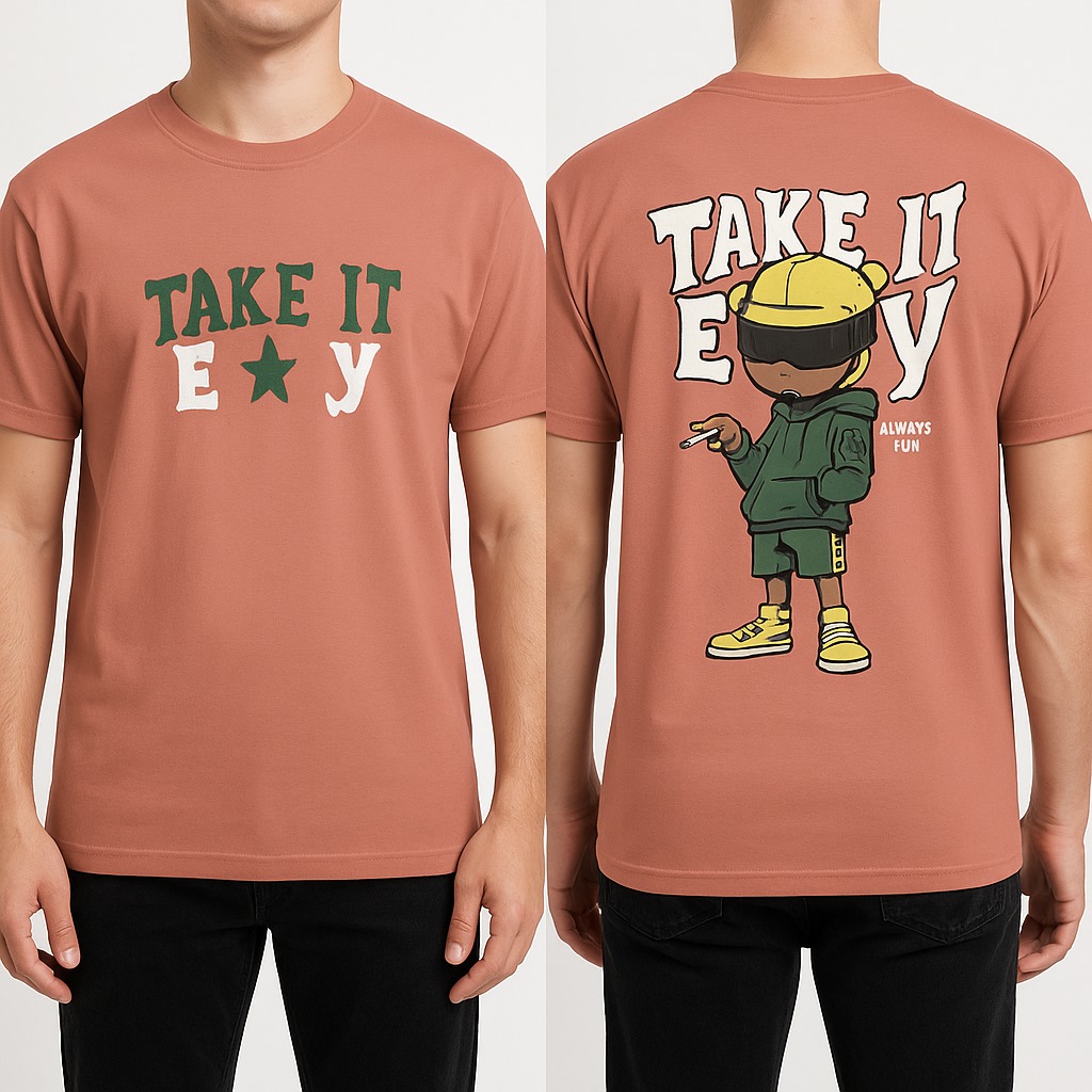 Rust Orange "Take It Easy" Graphic Printed Men's T-Shirt | Front & Back Design
