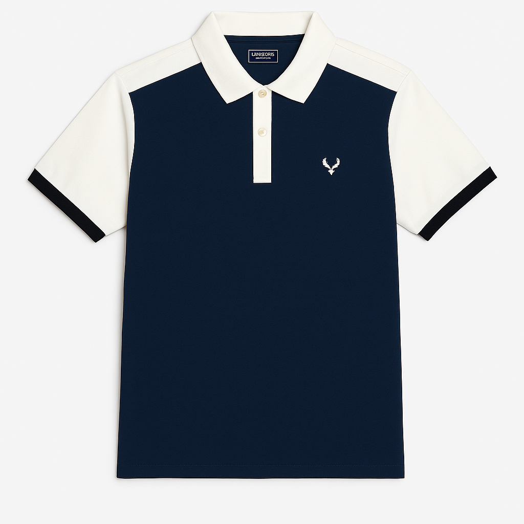 Men’s Navy Blue & White Polo T-Shirt – Button Placket