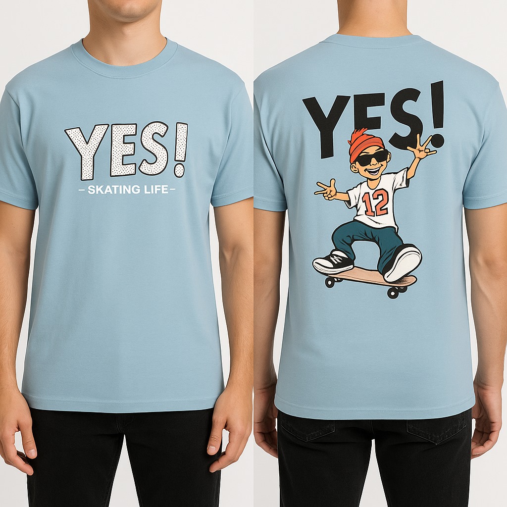 Sky Blue "YES! Skating Life" Graphic Printed Men's T-Shirt | Front & Back Design