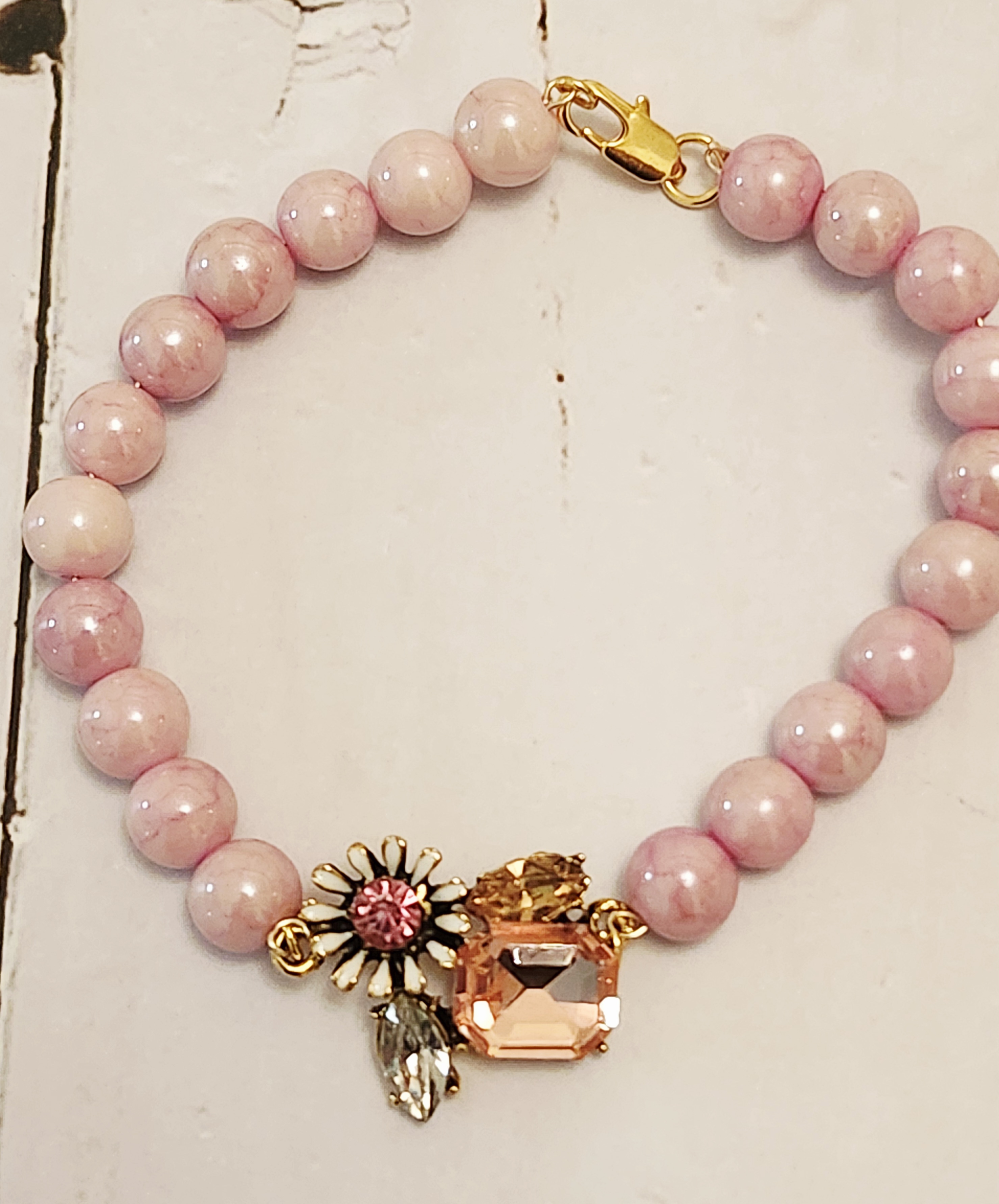 "Jo-Ann" Pink Beaded Flower Charm Bracelet