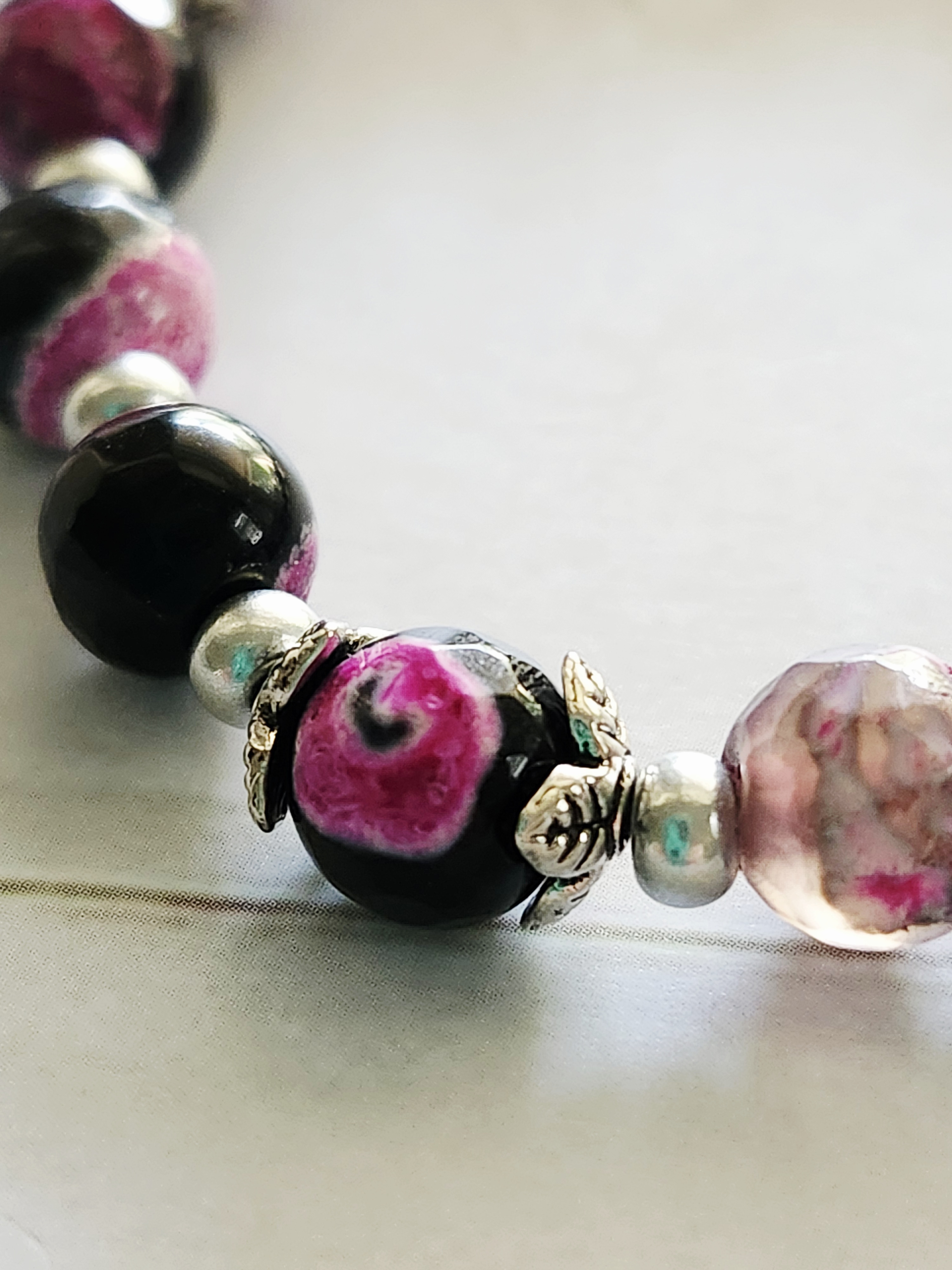 "Maria Louisa" Natural Fire Agate Pink and Black Beaded Bracelet