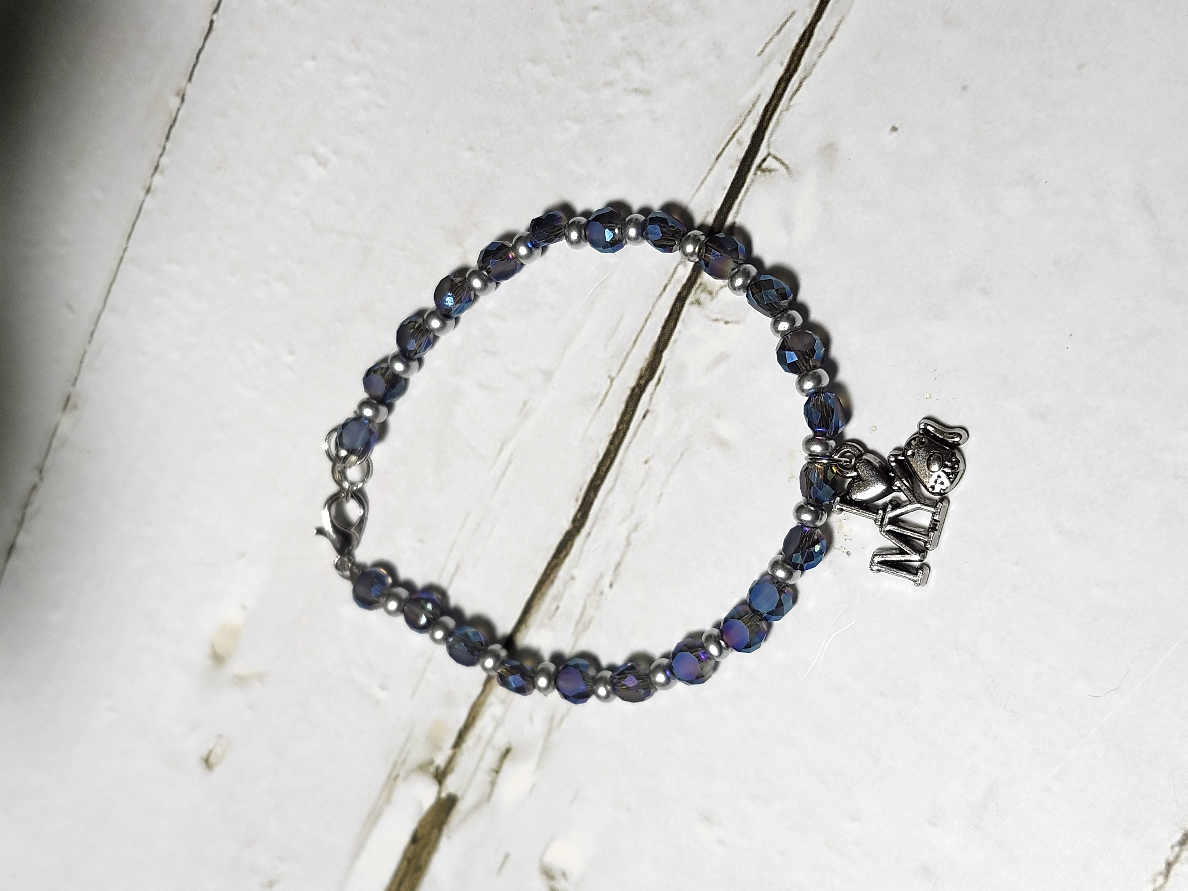 "Chloe" Sparkling Blue Beaded Bracelet with I Love My Dog Charm