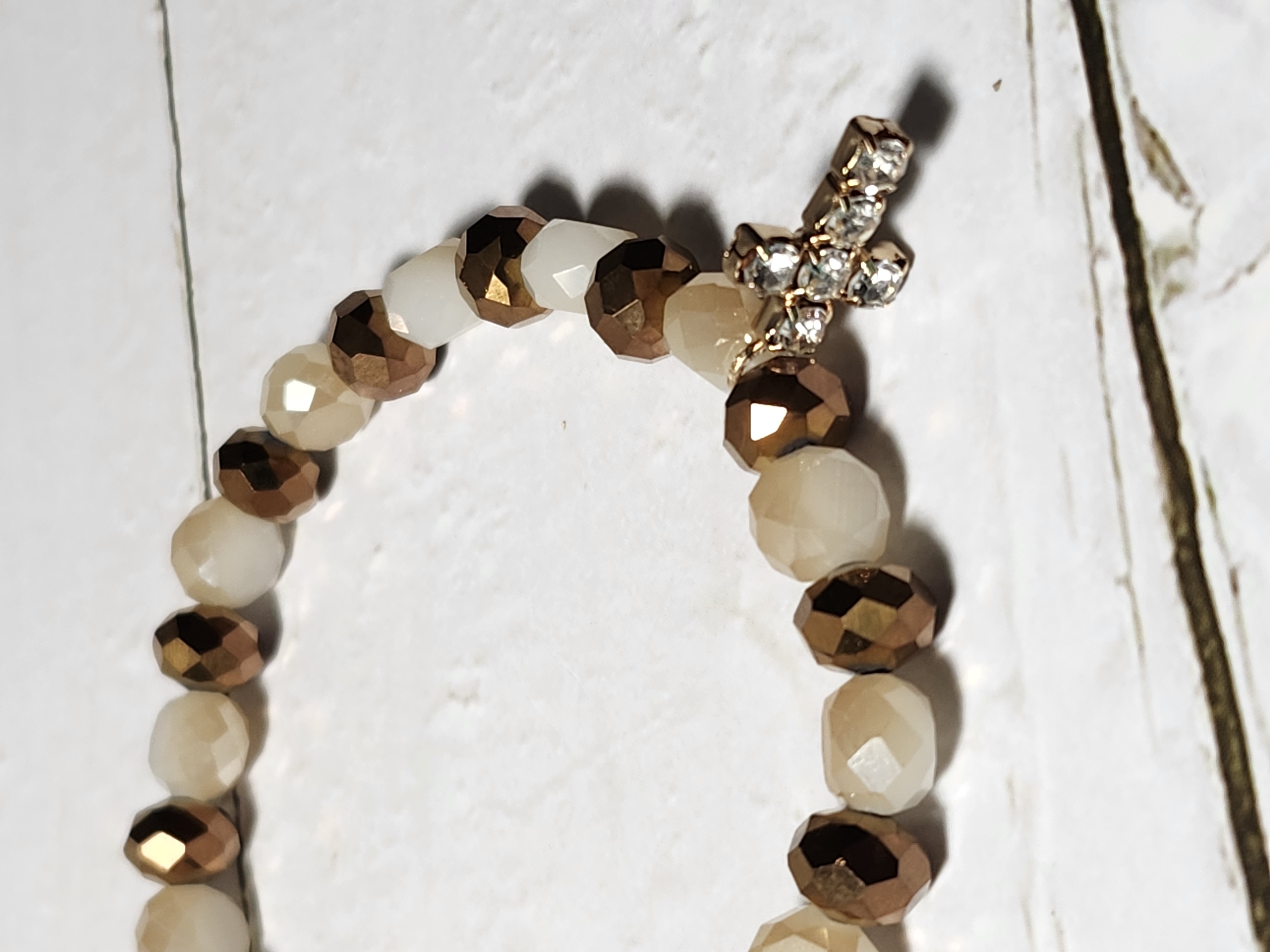 "Carol" Brown and Beige Beaded Bracelet with Crystal Cross