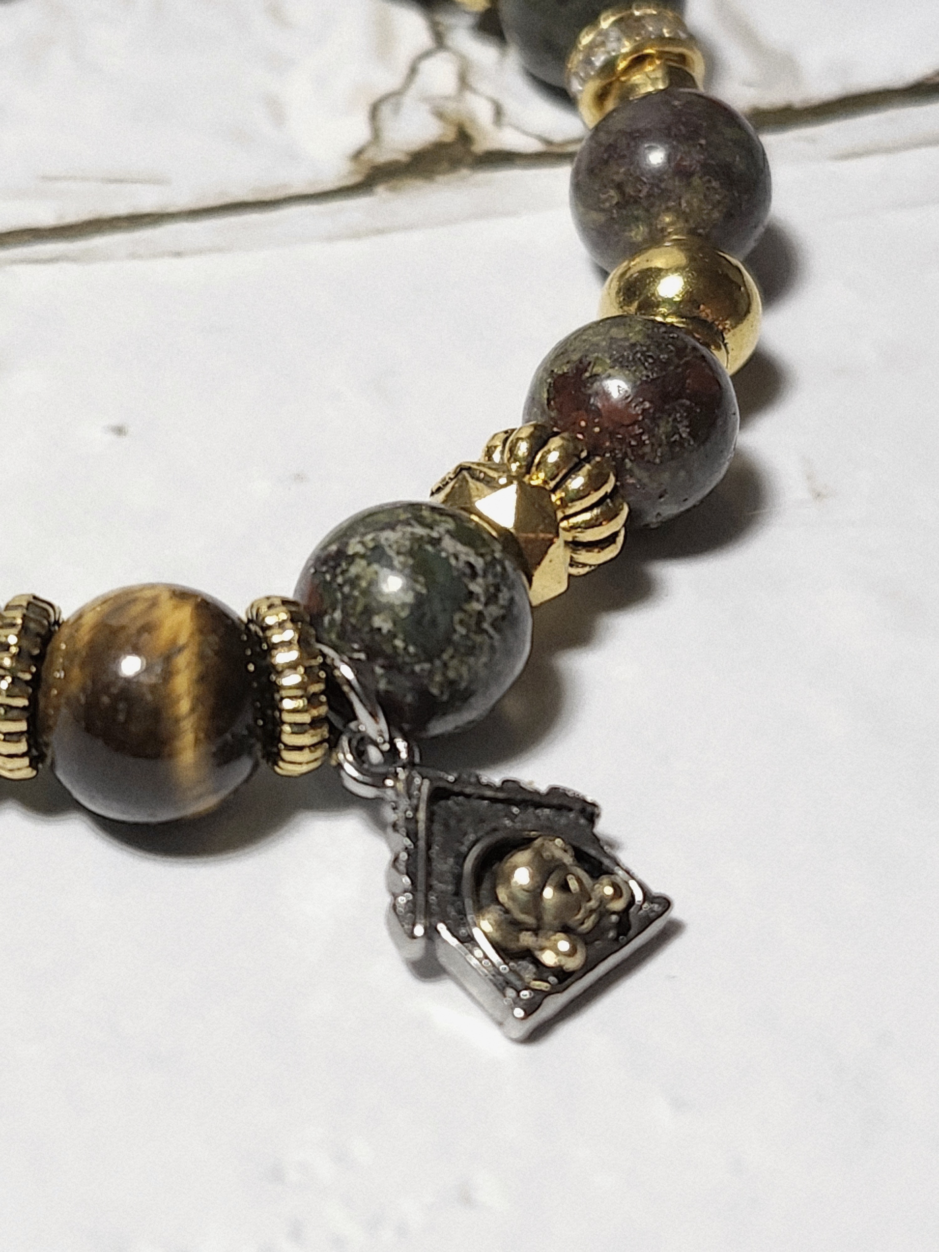 "Jillian" Natural Stone Beaded Bracelet with Dog House Charm