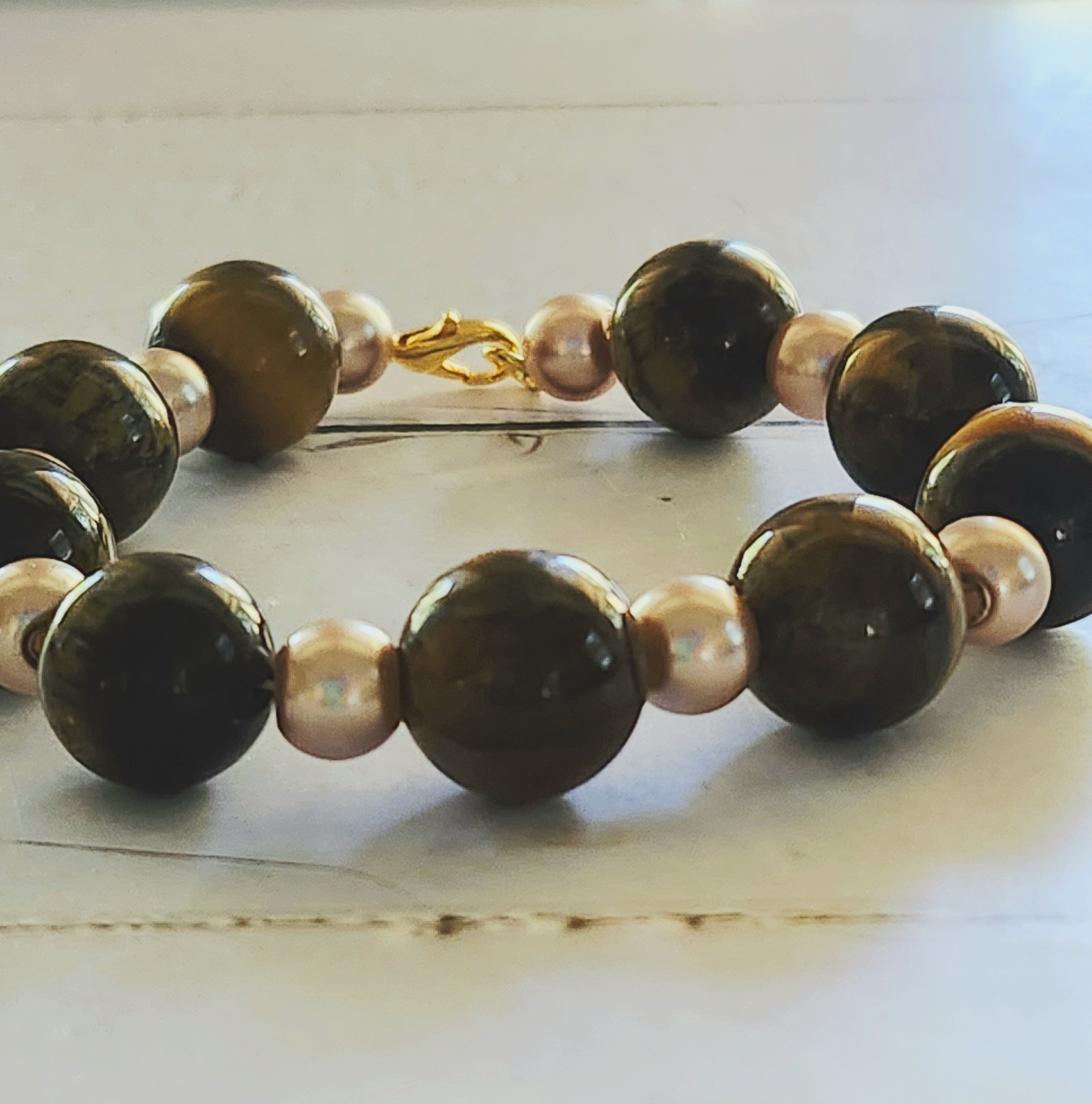 "Catherine" Tiger Eye and Pearl Beaded Bracelet