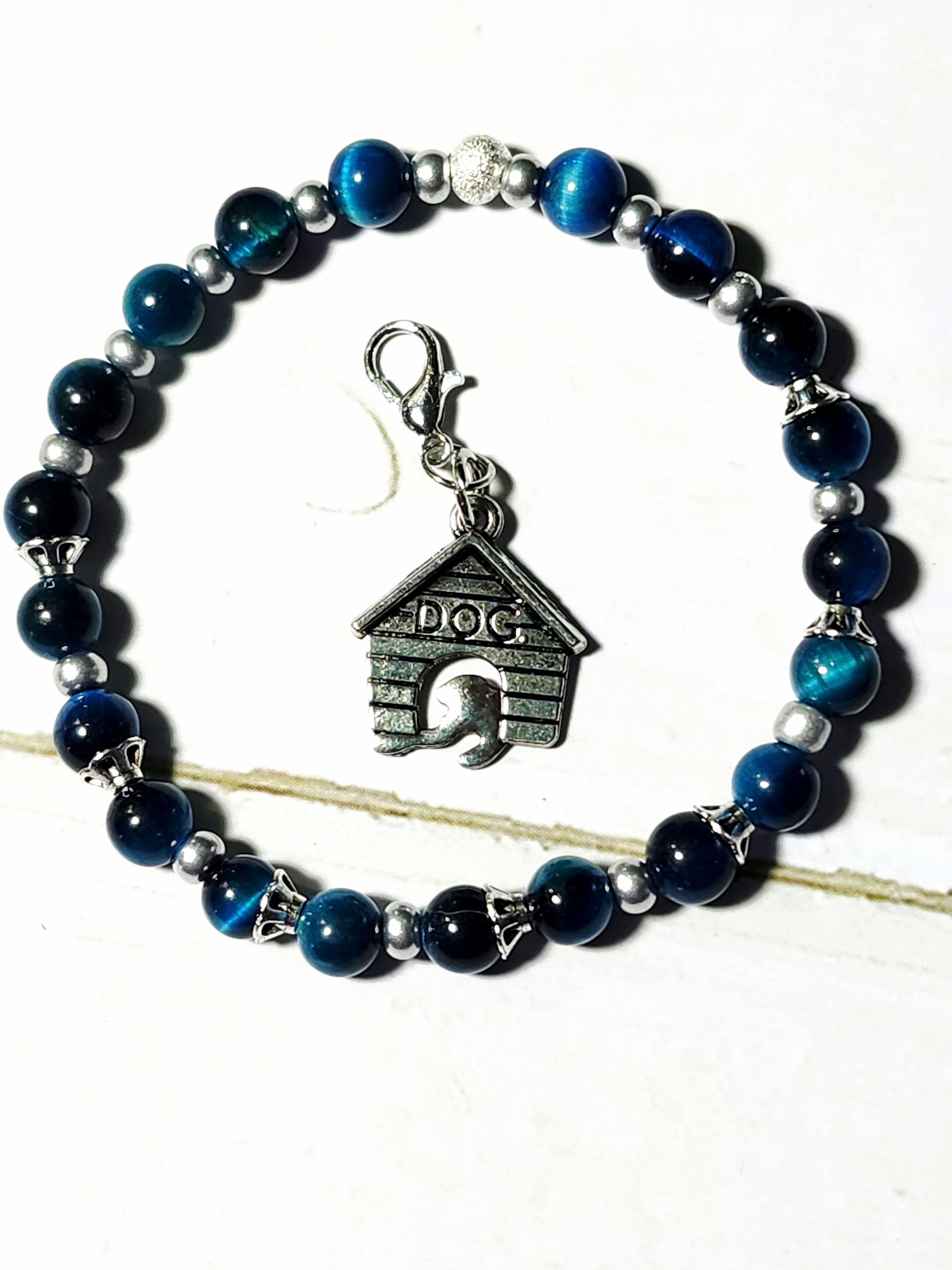 "Cassandra" Blue Beaded Dog Charm Bracelet