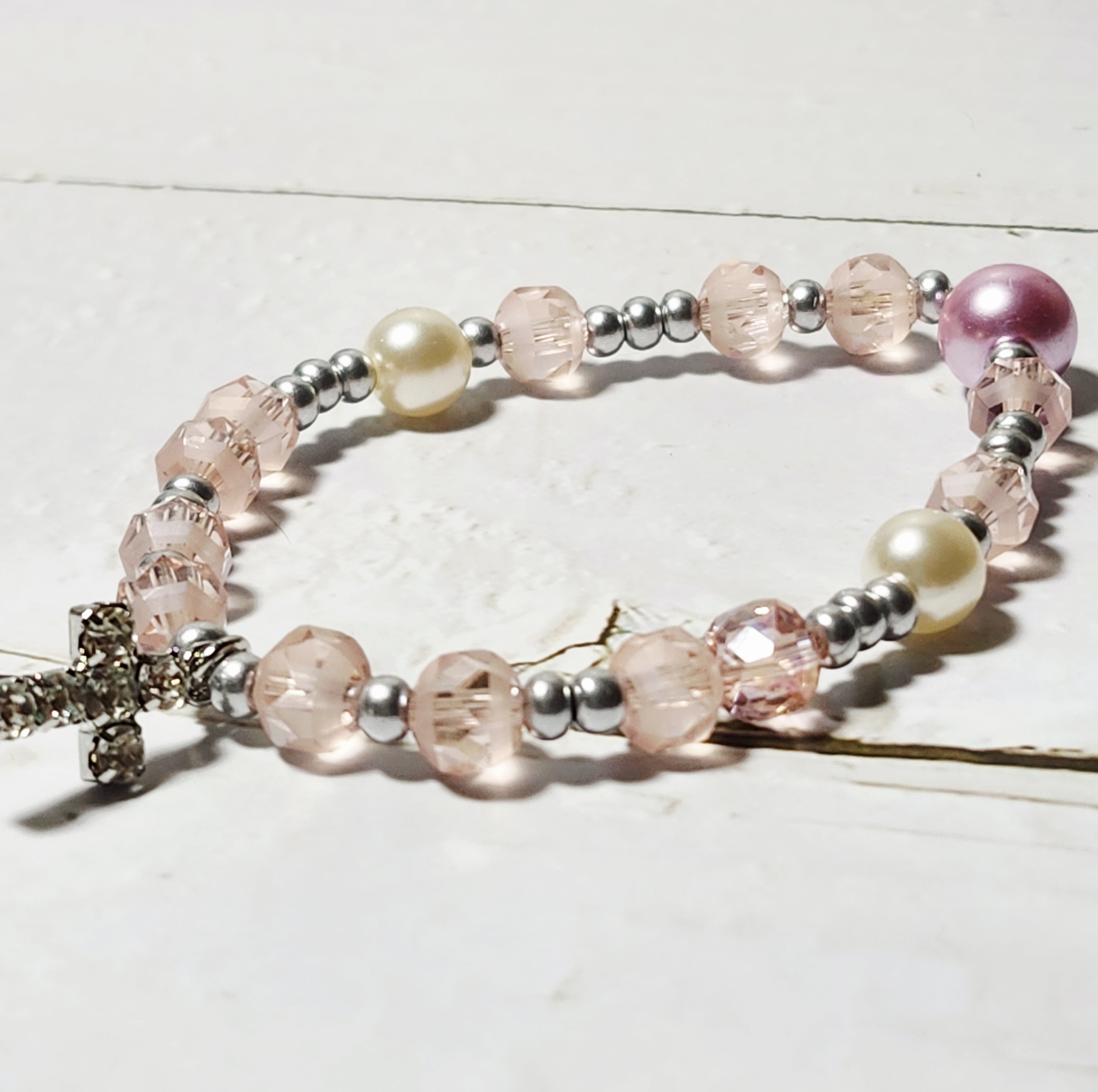 "Stacey" Pink Crystal Beaded Bracelet with Cross Charm