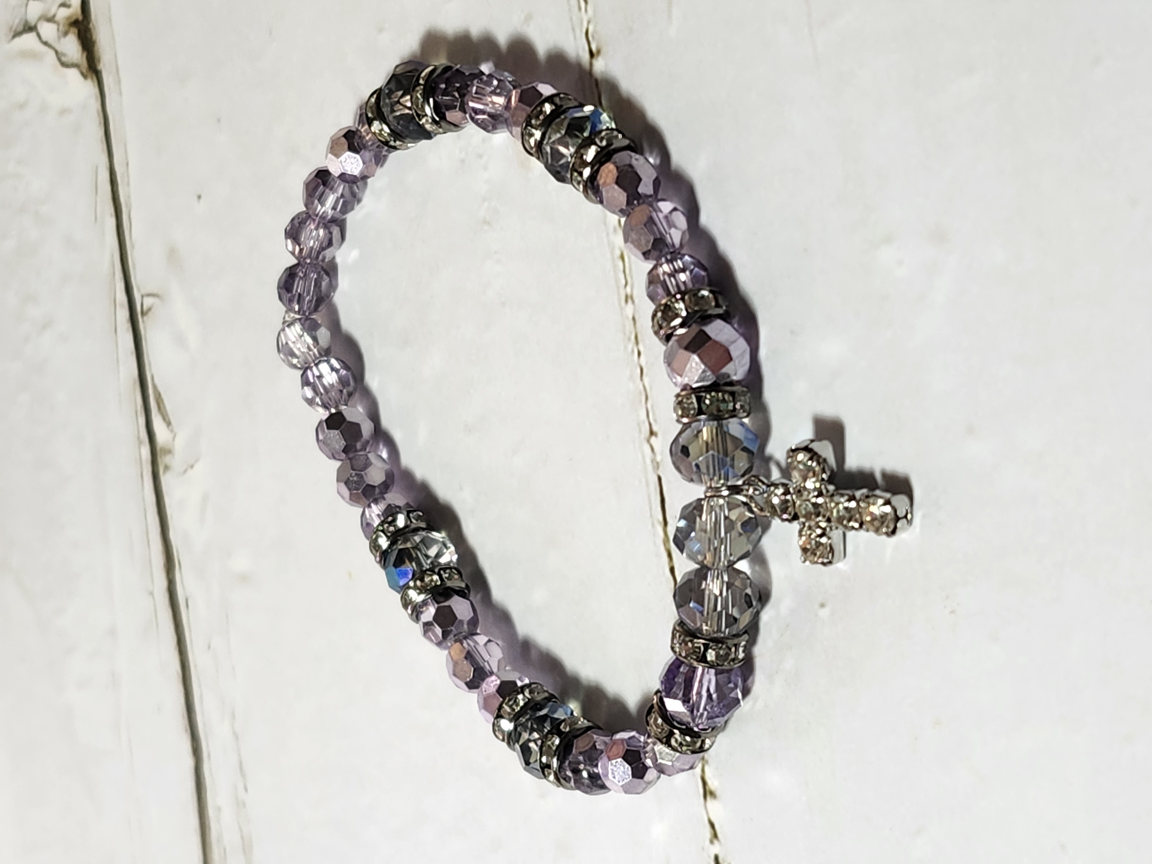"Lorena" Purple Crystal Beaded Bracelet with Cross Charm