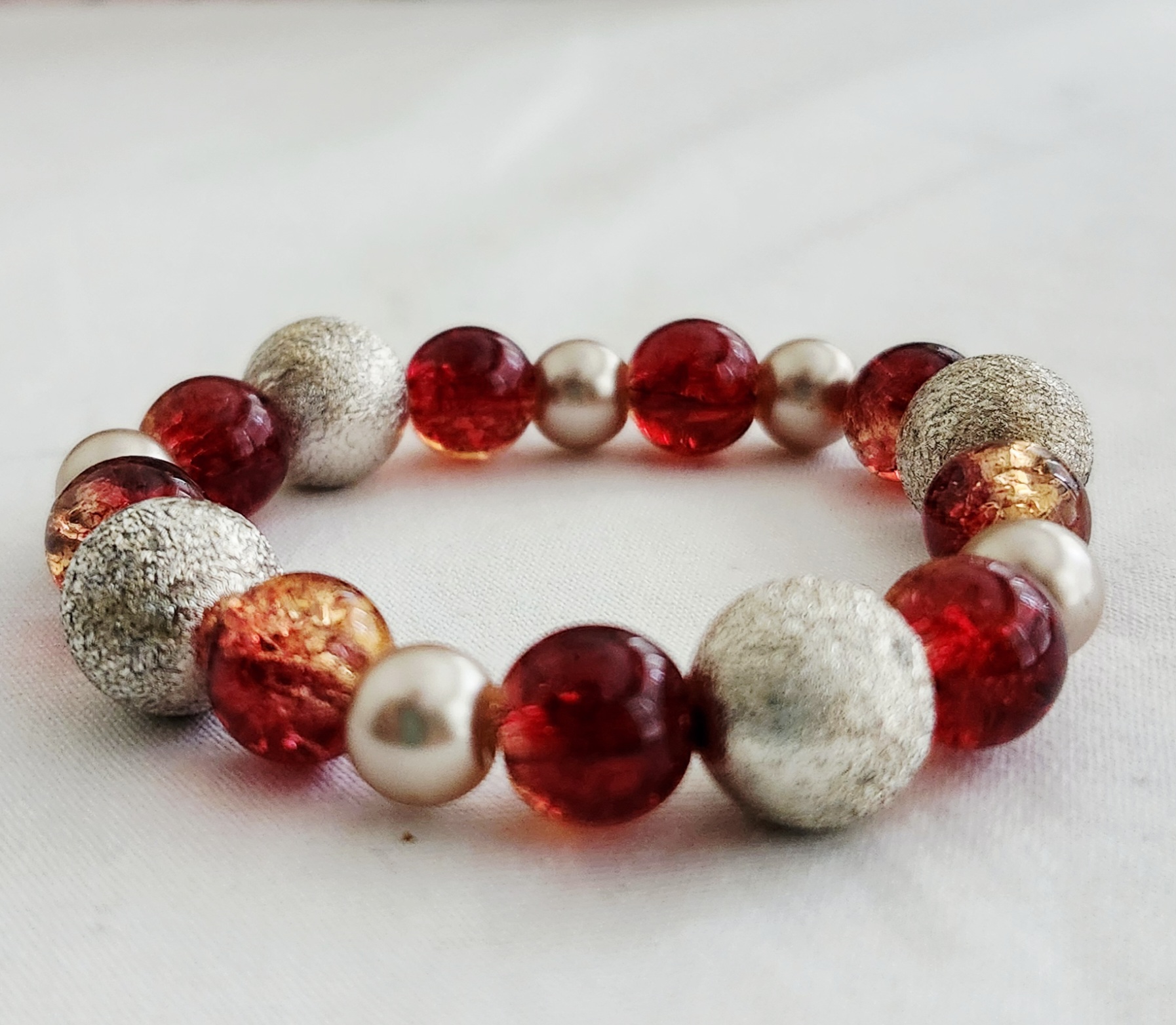 "Kristin" Red and Champagne Silver Beaded Bracelet