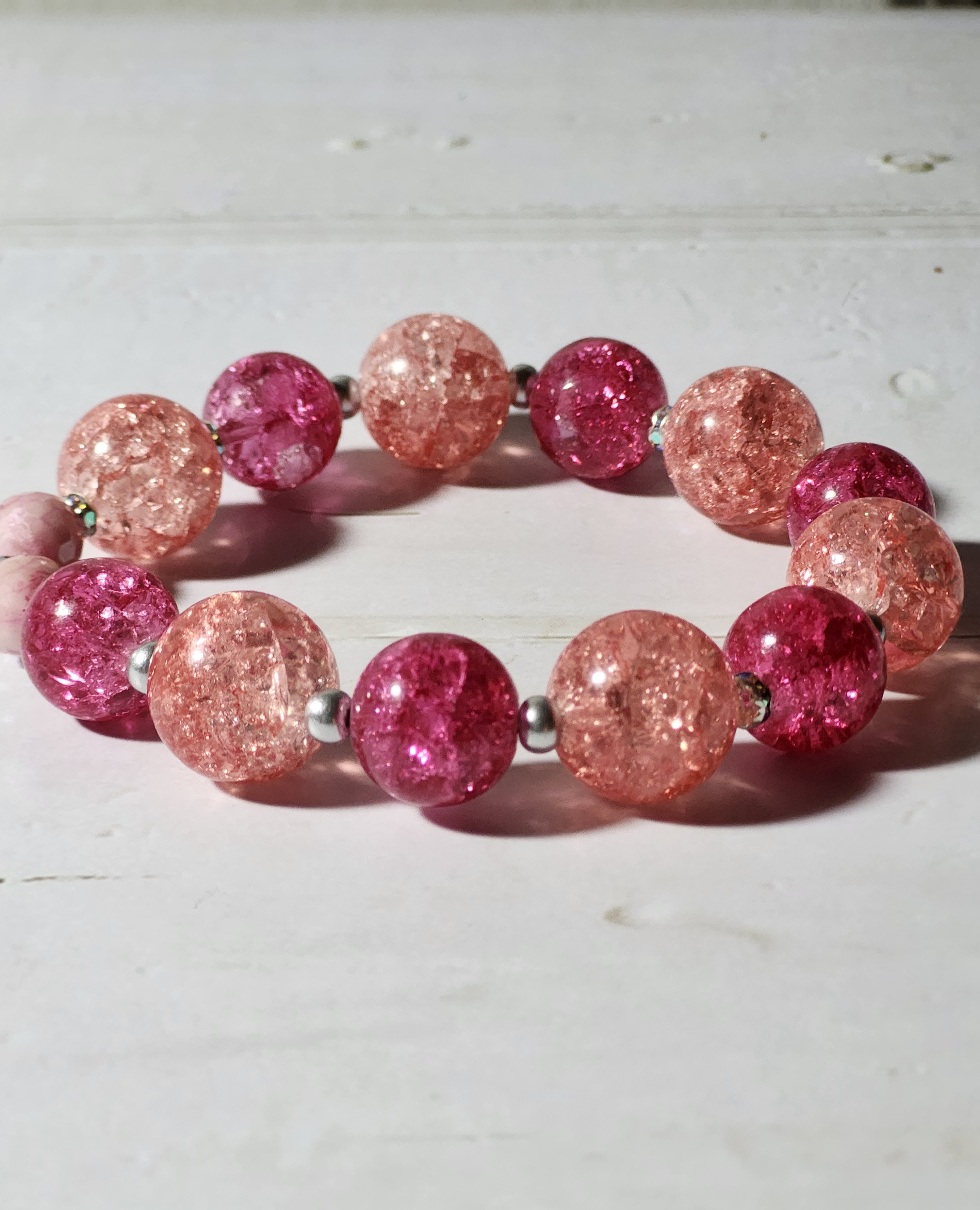 "Erica" Pink and Rose Crackle Glass Bead Bracelet