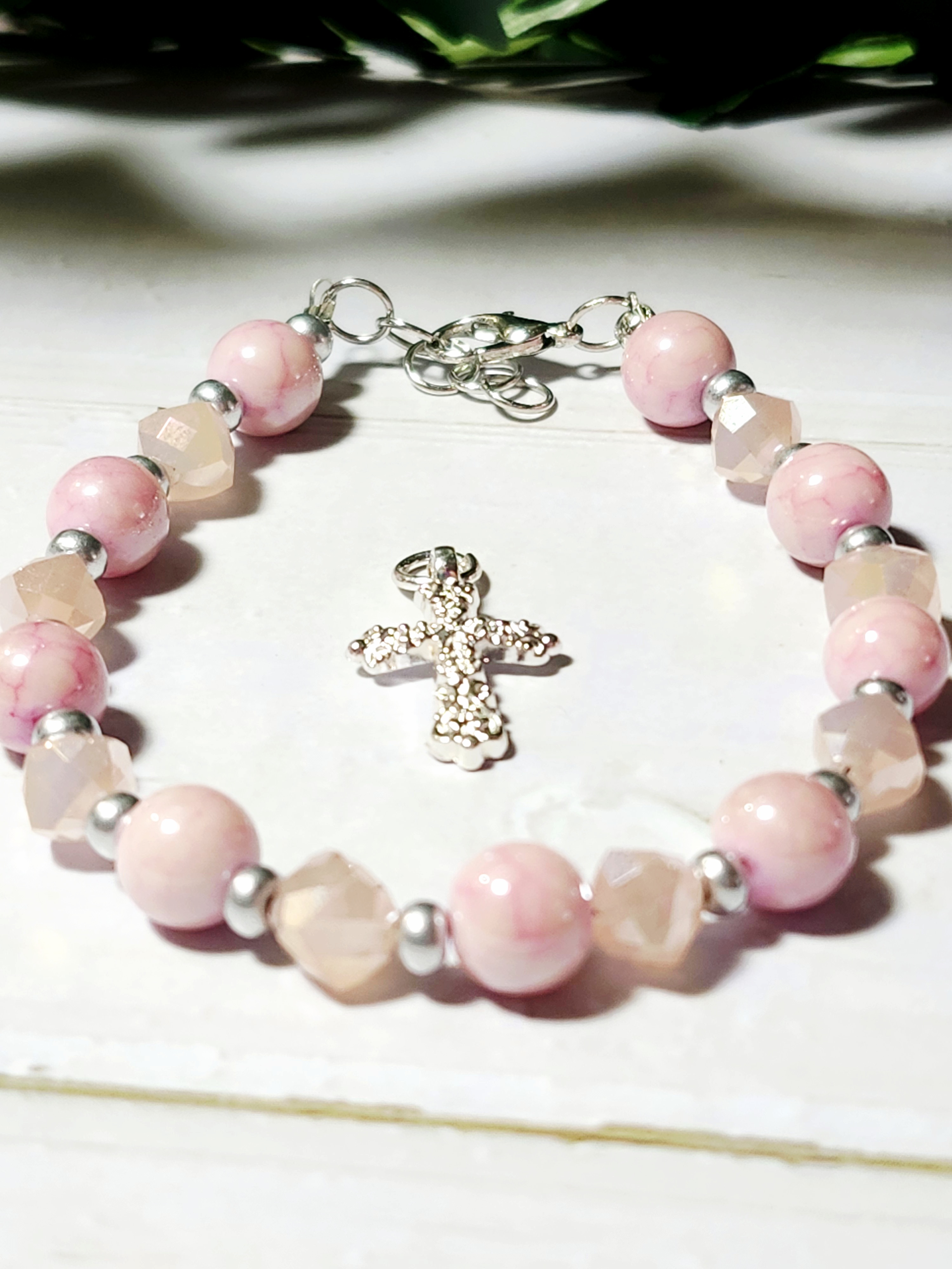 "Cindy" Pink Beaded Cross Bracelet