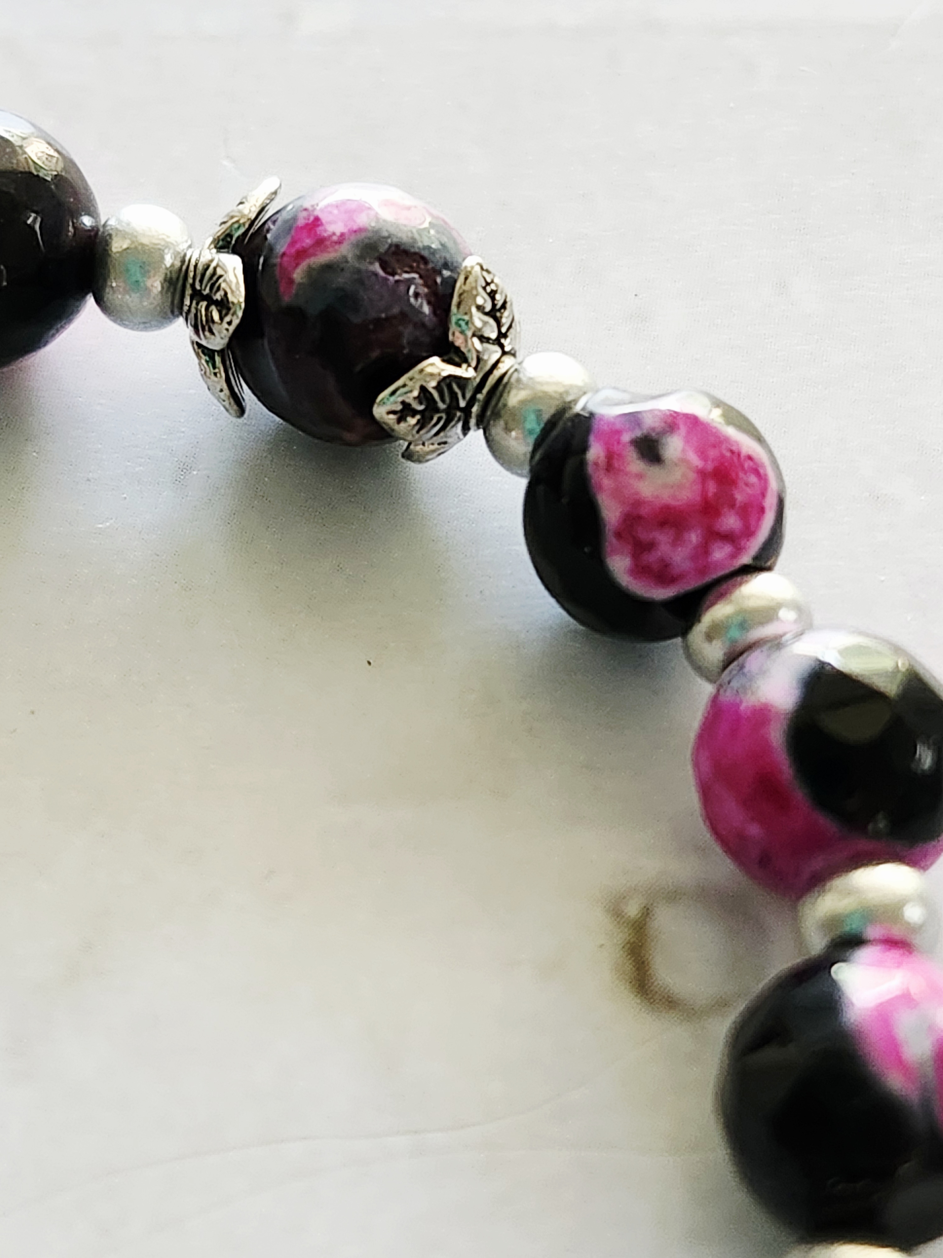 "Maria Louisa" Natural Fire Agate Pink and Black Beaded Bracelet