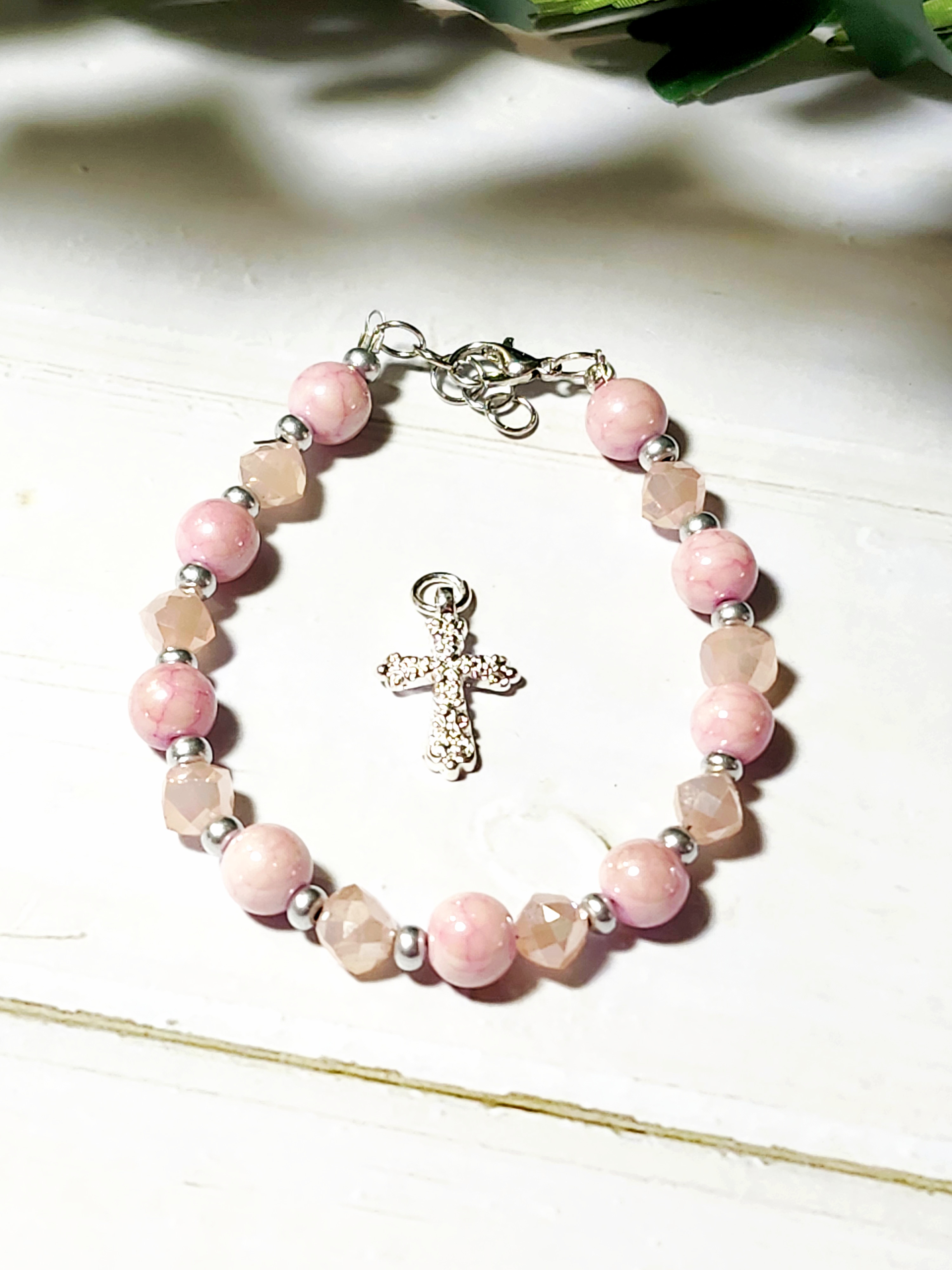 "Cindy" Pink Beaded Cross Bracelet