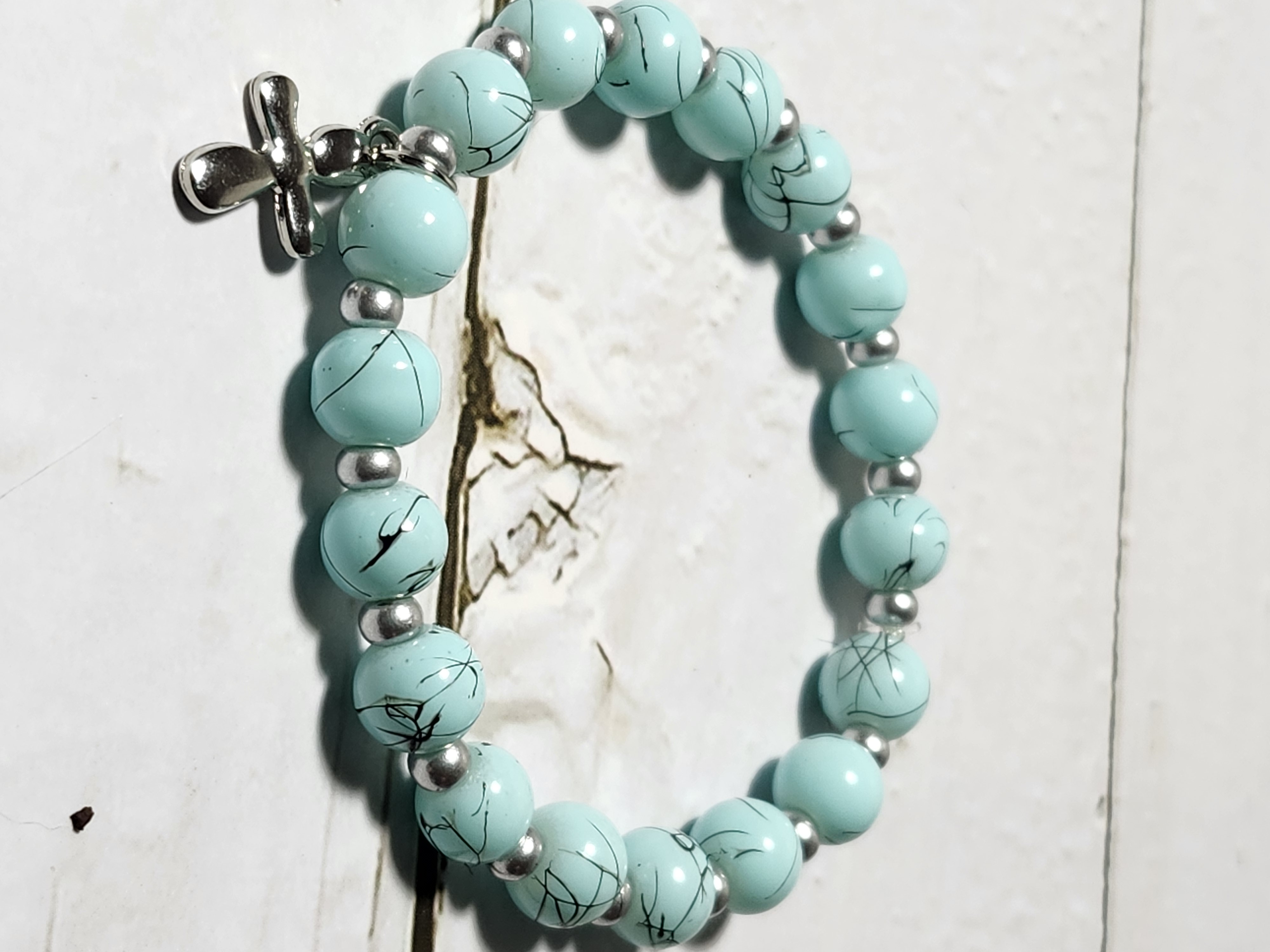"Michelle" Turquoise Beaded Bracelet with Cross Charm
