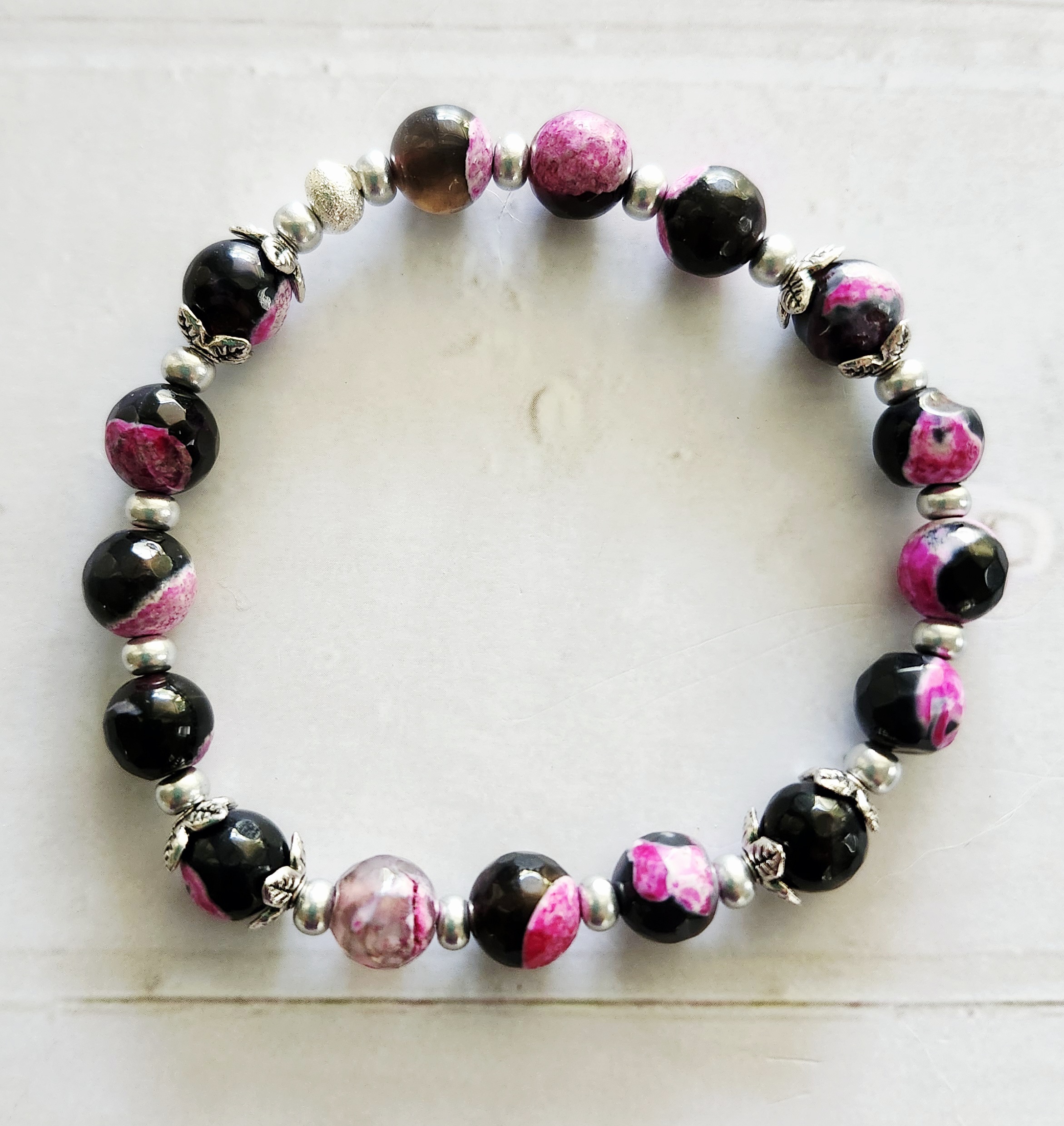 "Maria Louisa" Natural Fire Agate Pink and Black Beaded Bracelet