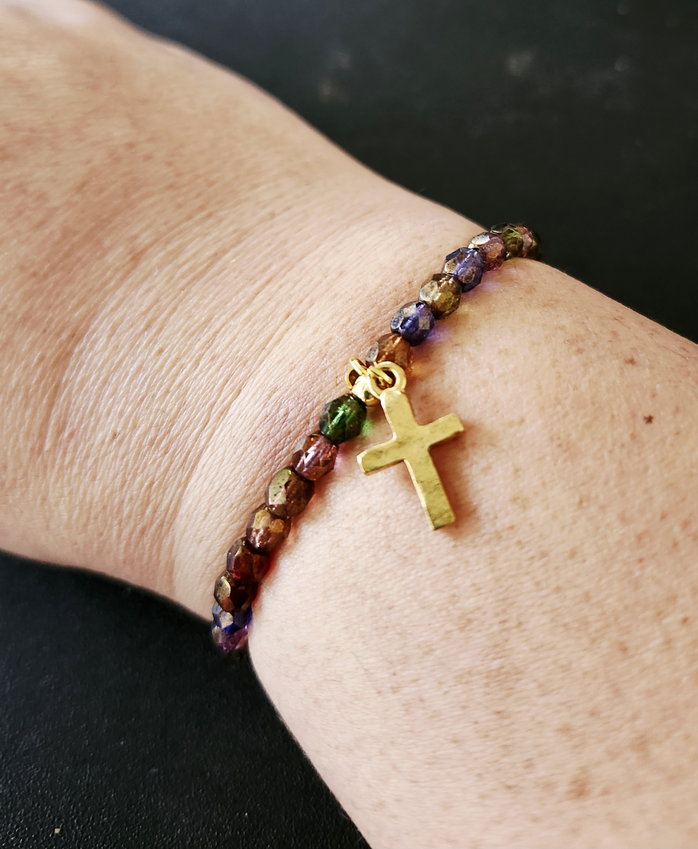 "Sheryl" Beaded Bracelet with Gold Cross Charm