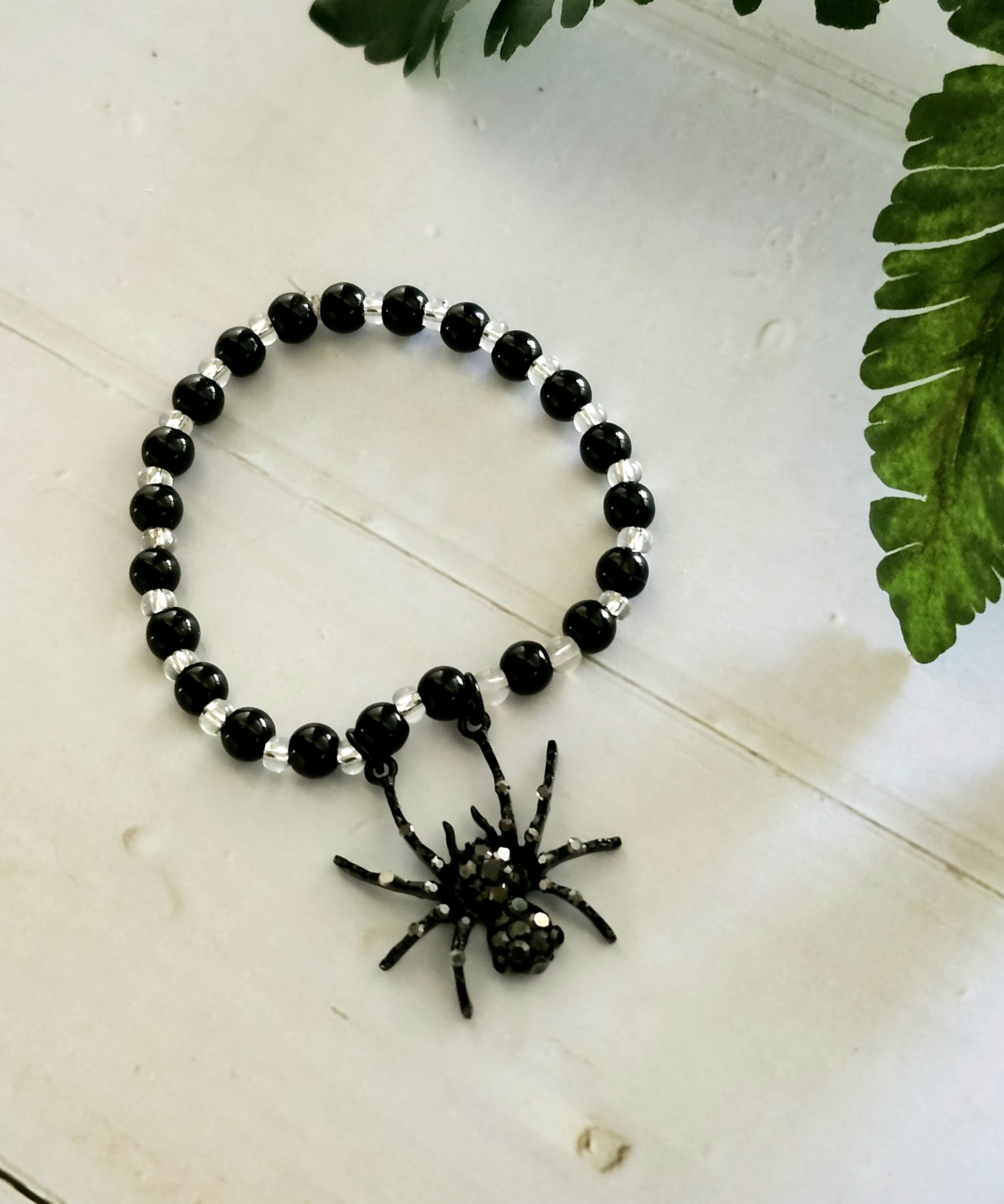 Halloween Black Beaded Bracelet with Spider Charm